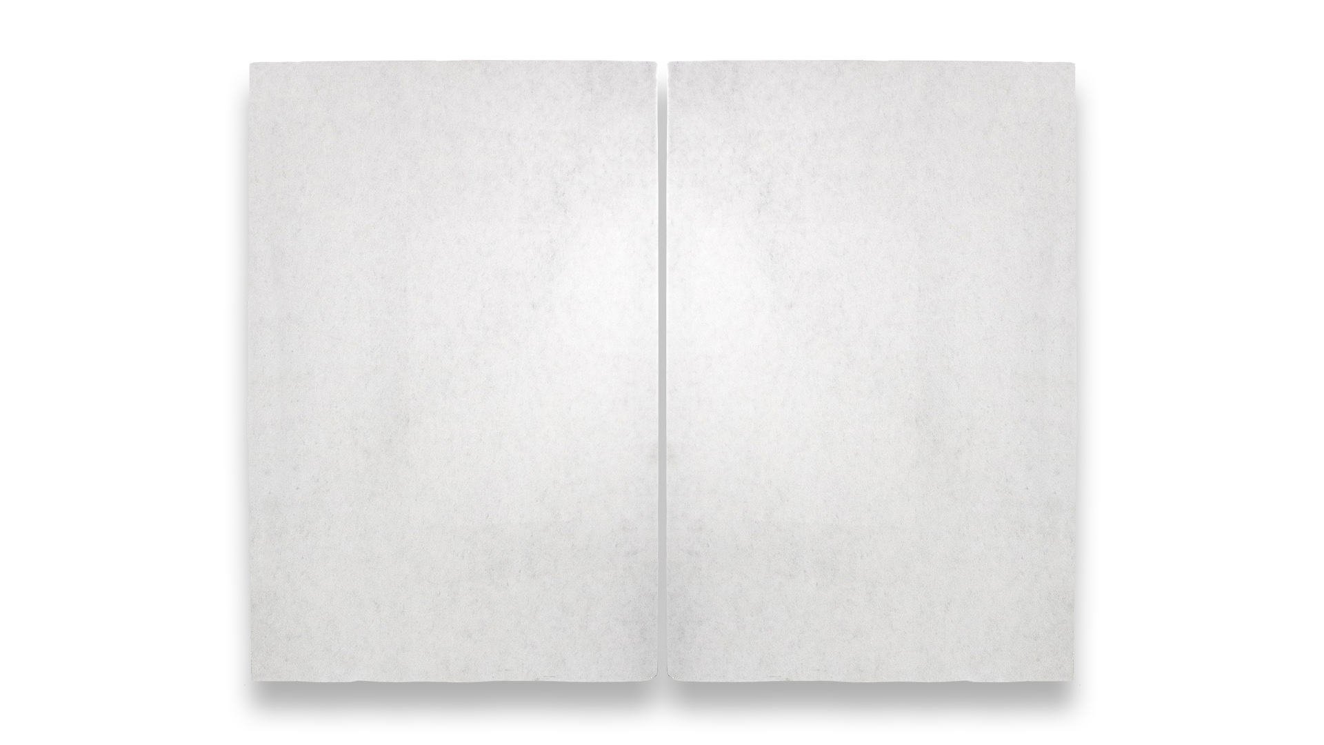 The image shows two large, vertically aligned, polished white marble slabs with a subtle, uniform texture and faint veining patterns, creating a clean and elegant look.