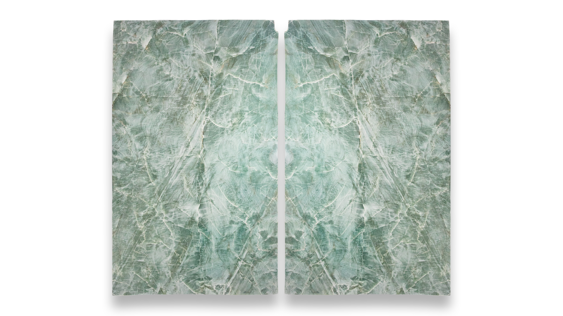 Two slabs of emerald green quartzite with intricate veining and patterns, displayed in a duo arrangement on a white background.