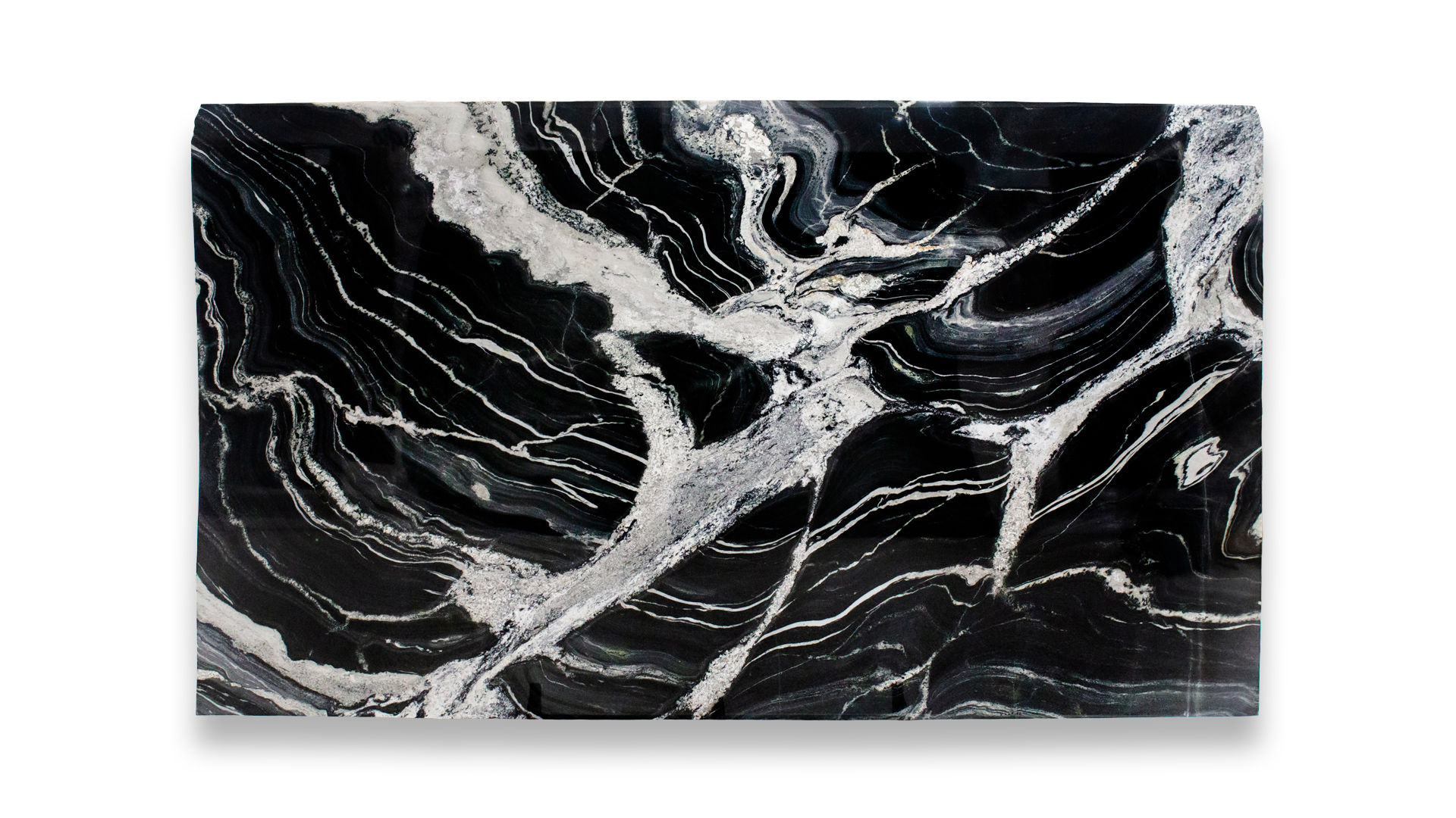 A single polished Eclipse marble slab featuring bold black and white patterns with intricate swirling lines, creating a dynamic, flowing appearance.