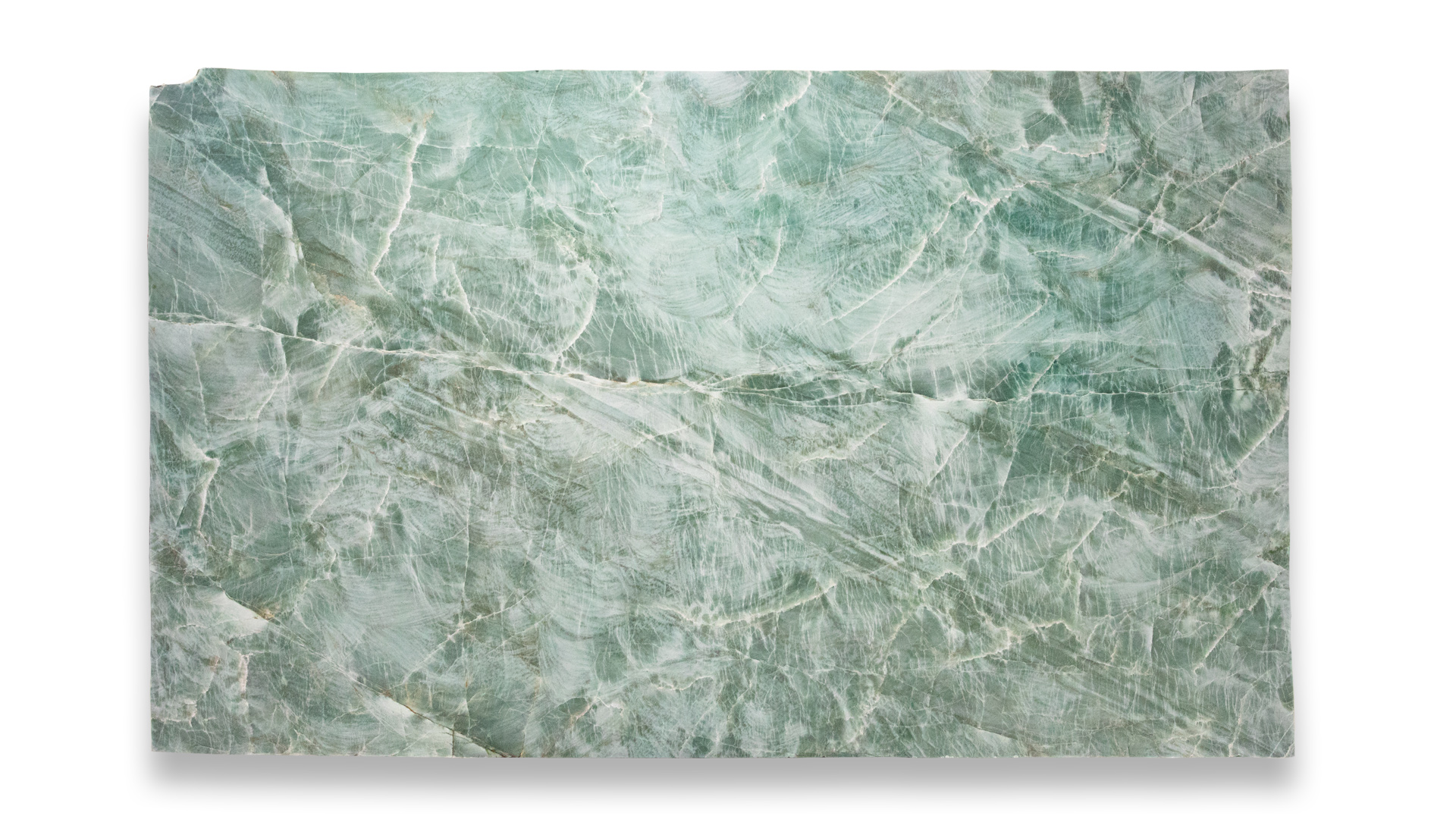 A single slab of emerald green quartzite with detailed veining and patterns, showcased on a white background.