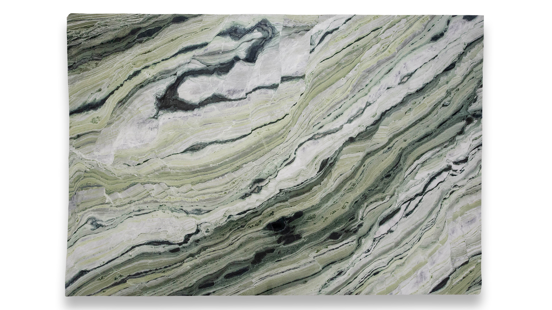 This image shows a slab of Green Beauty Polished marble with intricate green and white swirls, resembling natural stone patterns with dark green accents.