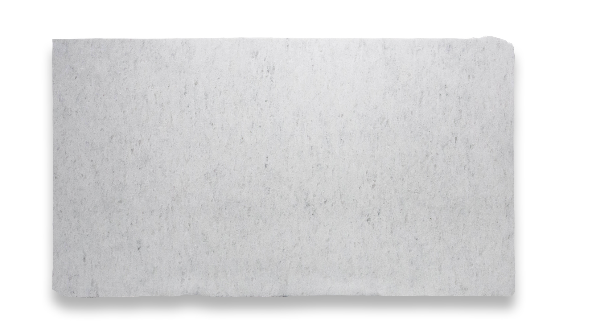 This image shows a slab of Iceberg Polished marble featuring a predominantly white surface with subtle, light grey speckles scattered throughout.