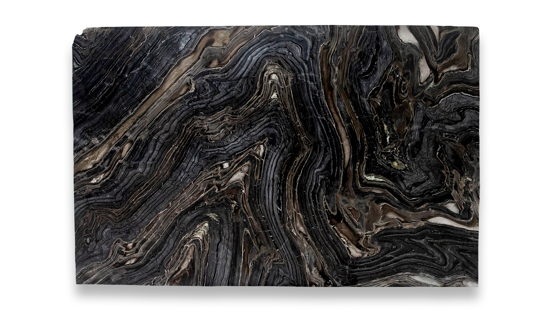 This image shows Kenya Black Polished marble featuring dark brown and black swirling patterns with intricate, wavy veining throughout.