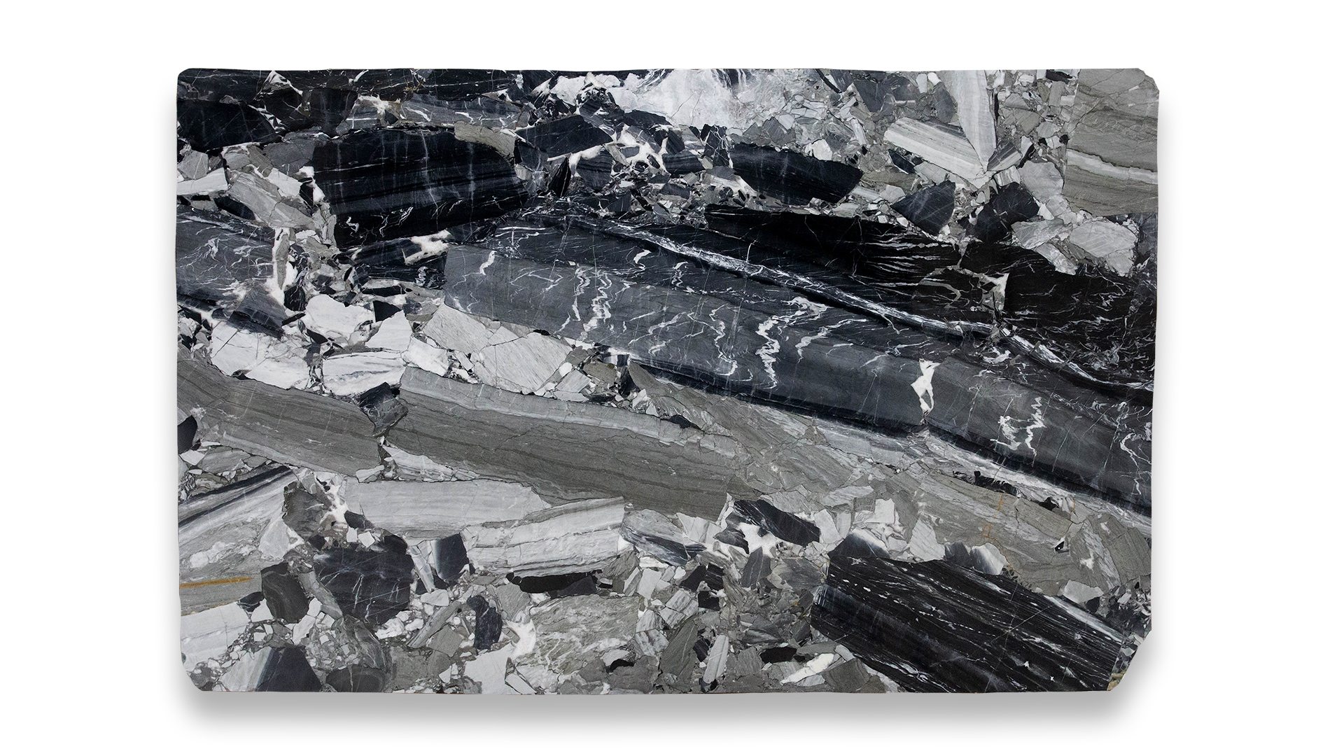 This image shows Kyoto Polished marble with a mix of dark and light grey, featuring dramatic black and white veining in an abstract pattern.