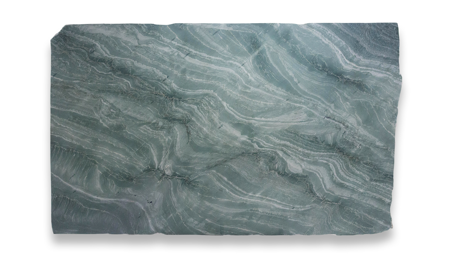 This image shows a Laguna Bay Polished Quartzite slab with a green hue and intricate white veining patterns, creating a wavy appearance.