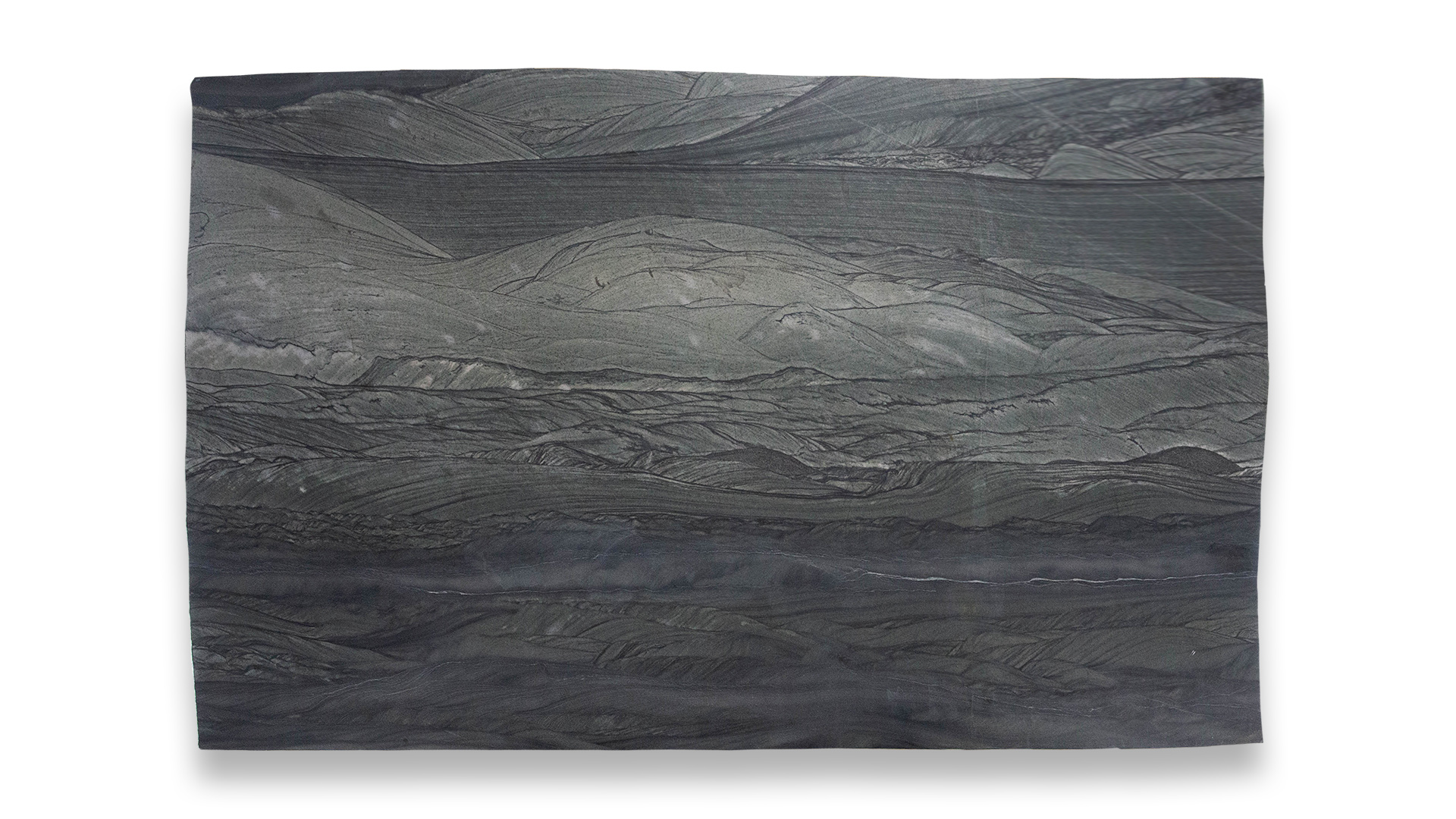 This image shows a Lake Loch Ness Leathered Quartzite slab featuring a dark, textured surface with intricate wavy patterns and varying shades of gray.