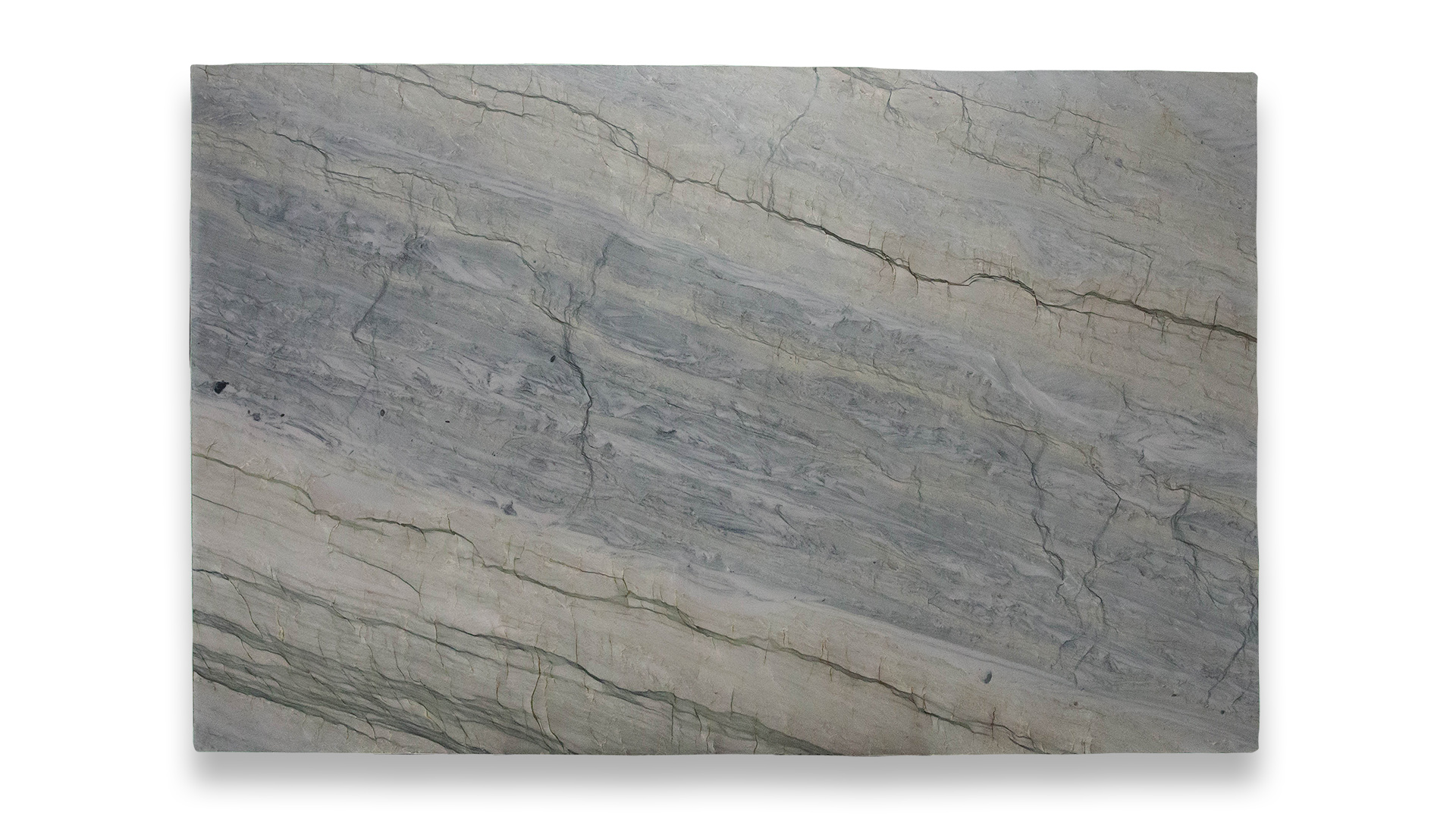 This image shows a Leblon Polished Quartzite slab featuring a predominantly gray surface with varying shades of gray veining and some subtle, darker streaks.