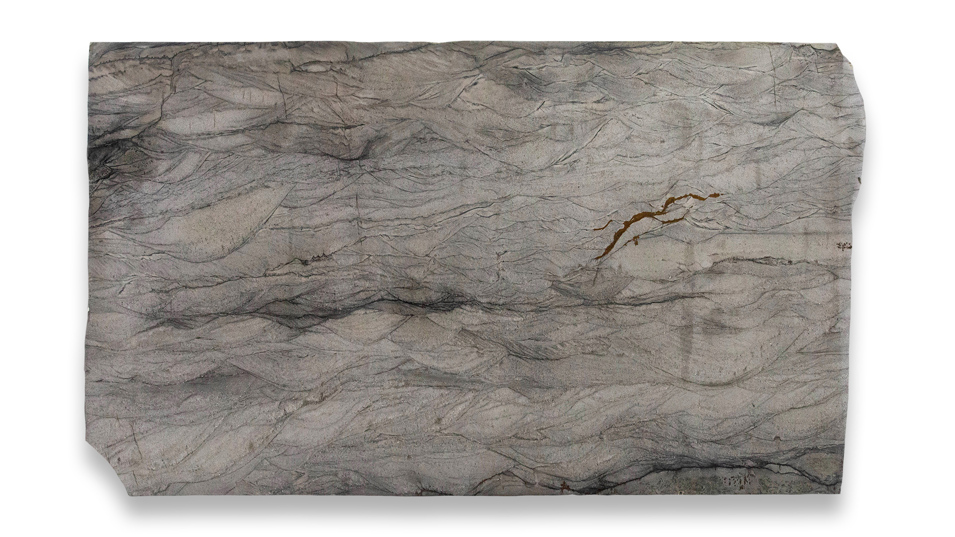 This image shows a London Fog quartzite slab with a gray surface featuring wavy, flowing veining patterns in darker and lighter shades of gray, along with some brown streaks.