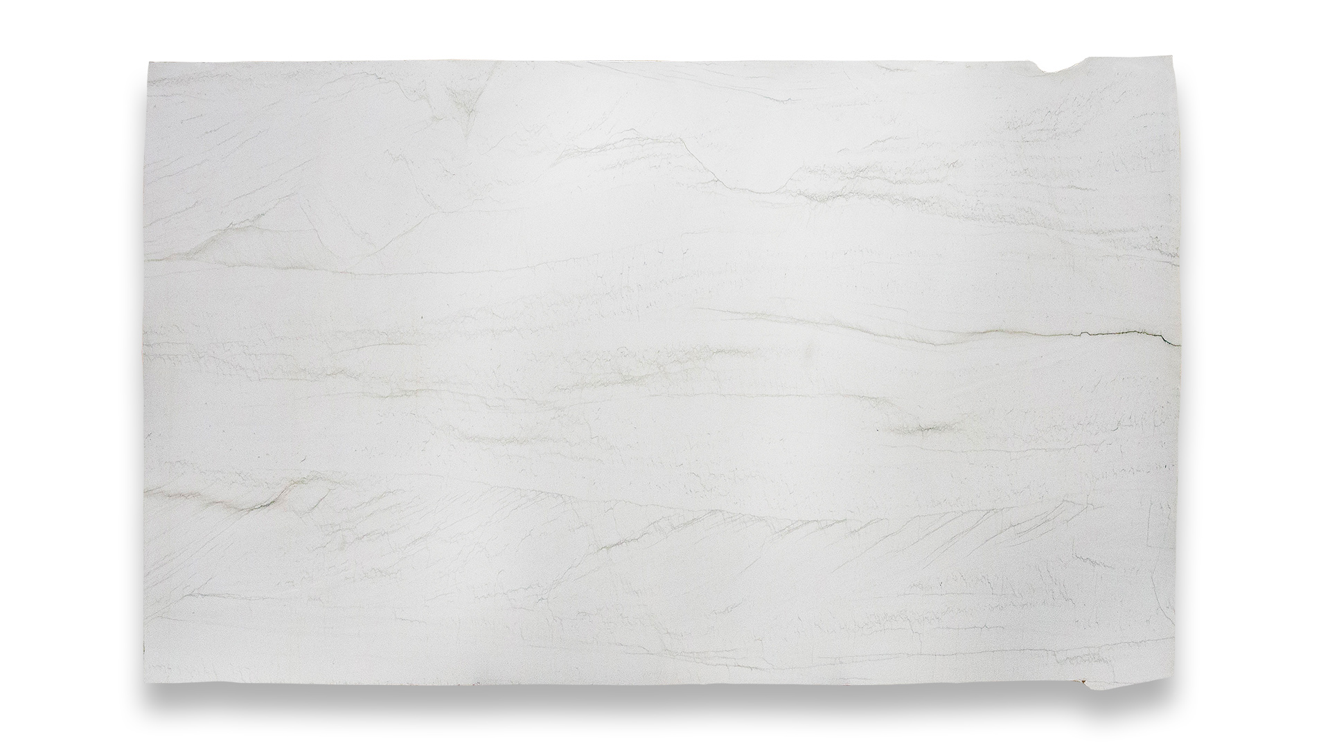 This image shows a Mont Blanc polished quartzite slab with a predominantly white surface, featuring subtle, light gray veins running horizontally across it.