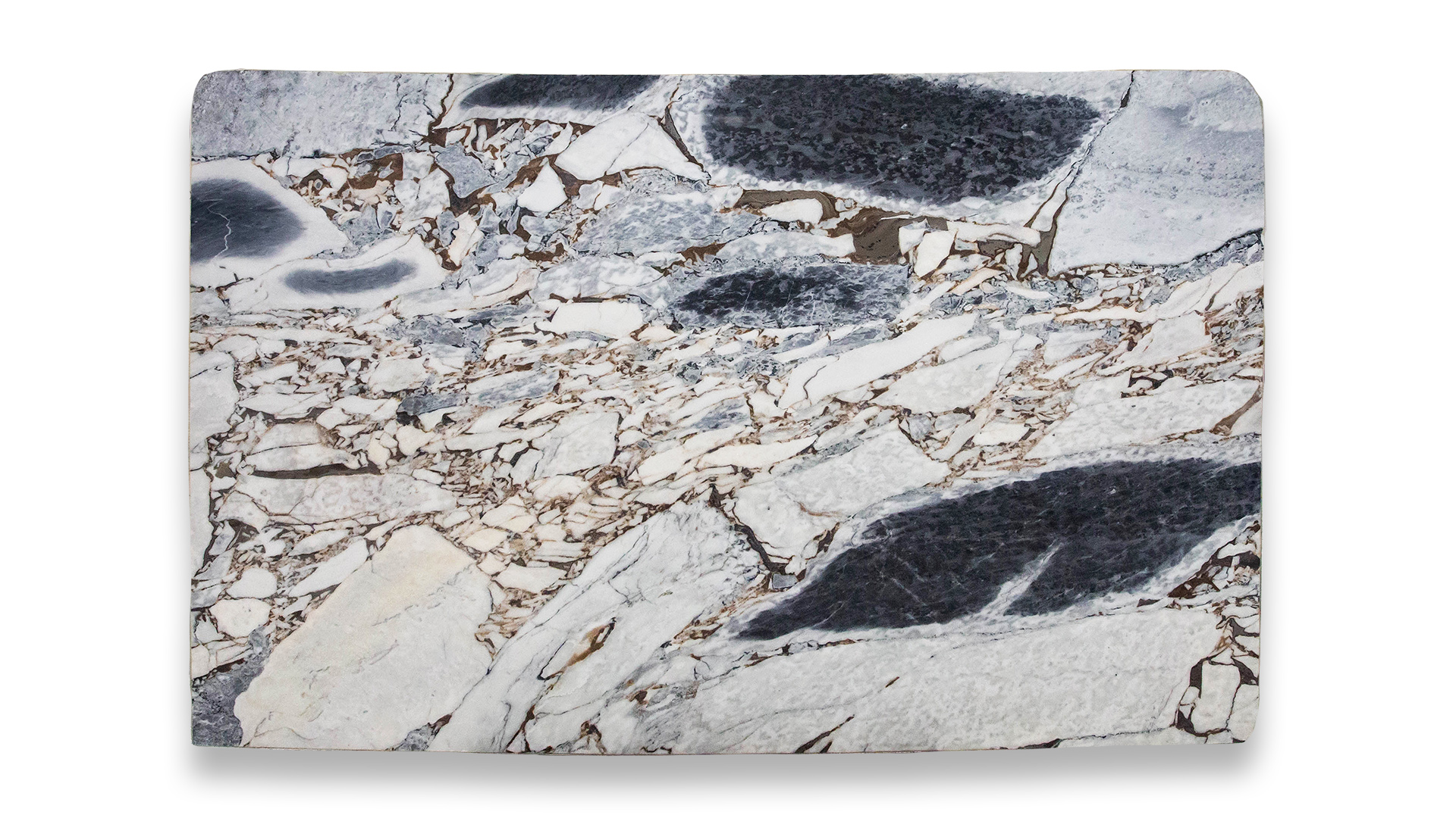 This image shows Ocean Storm Polished marble with a white background, large black and grey swirling patterns, and intricate veining.