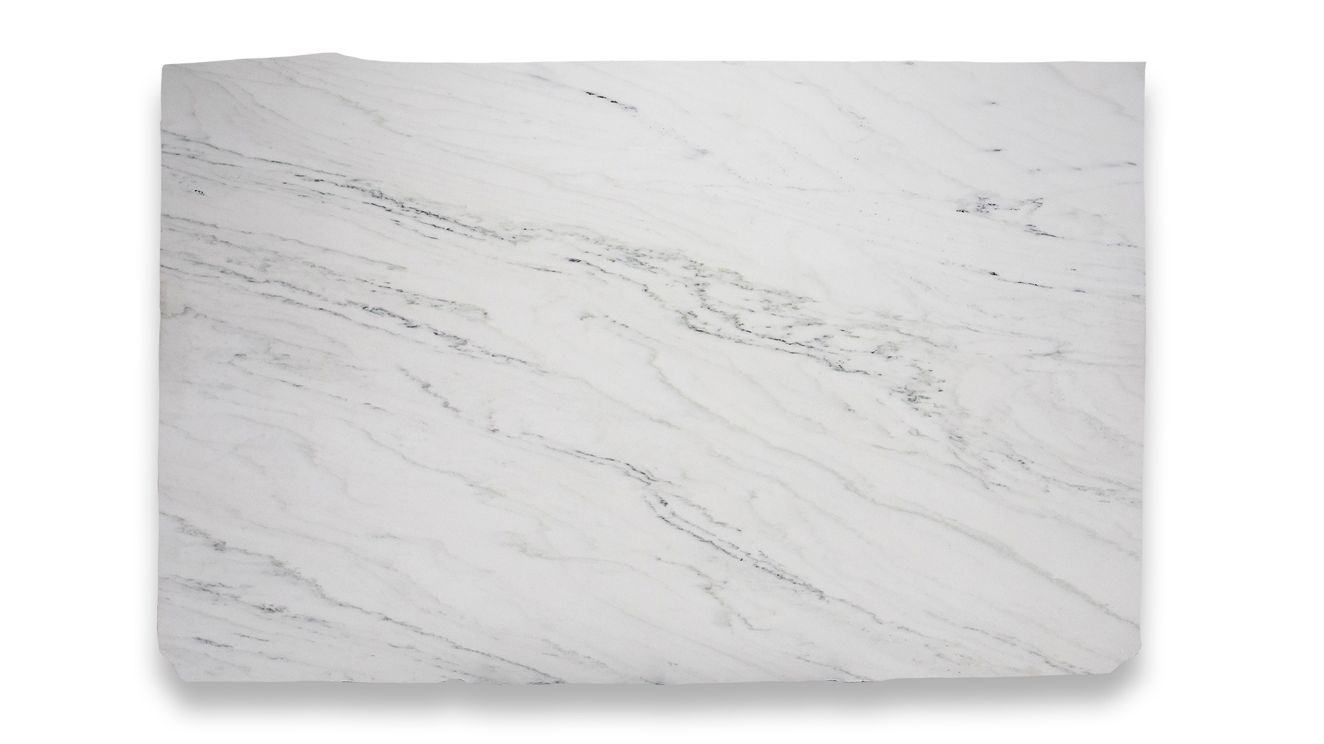 This image displays a slab of Olympian White Polished marble featuring a white background with delicate, flowing grey veining throughout.