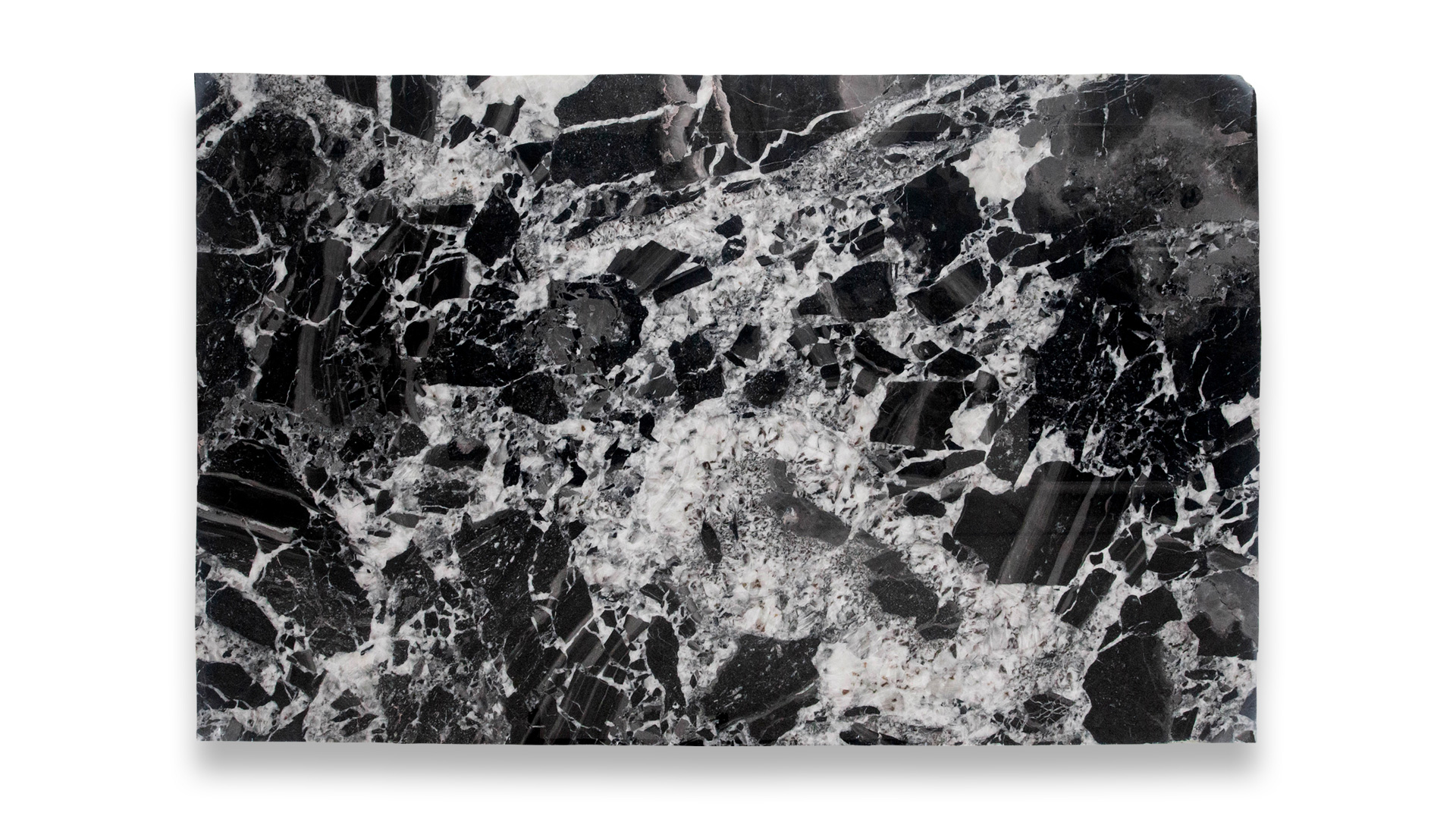 A single slab of Patagona Black marble with a polished finish, featuring an intricate and striking pattern of black and white veining with bold, complex details.