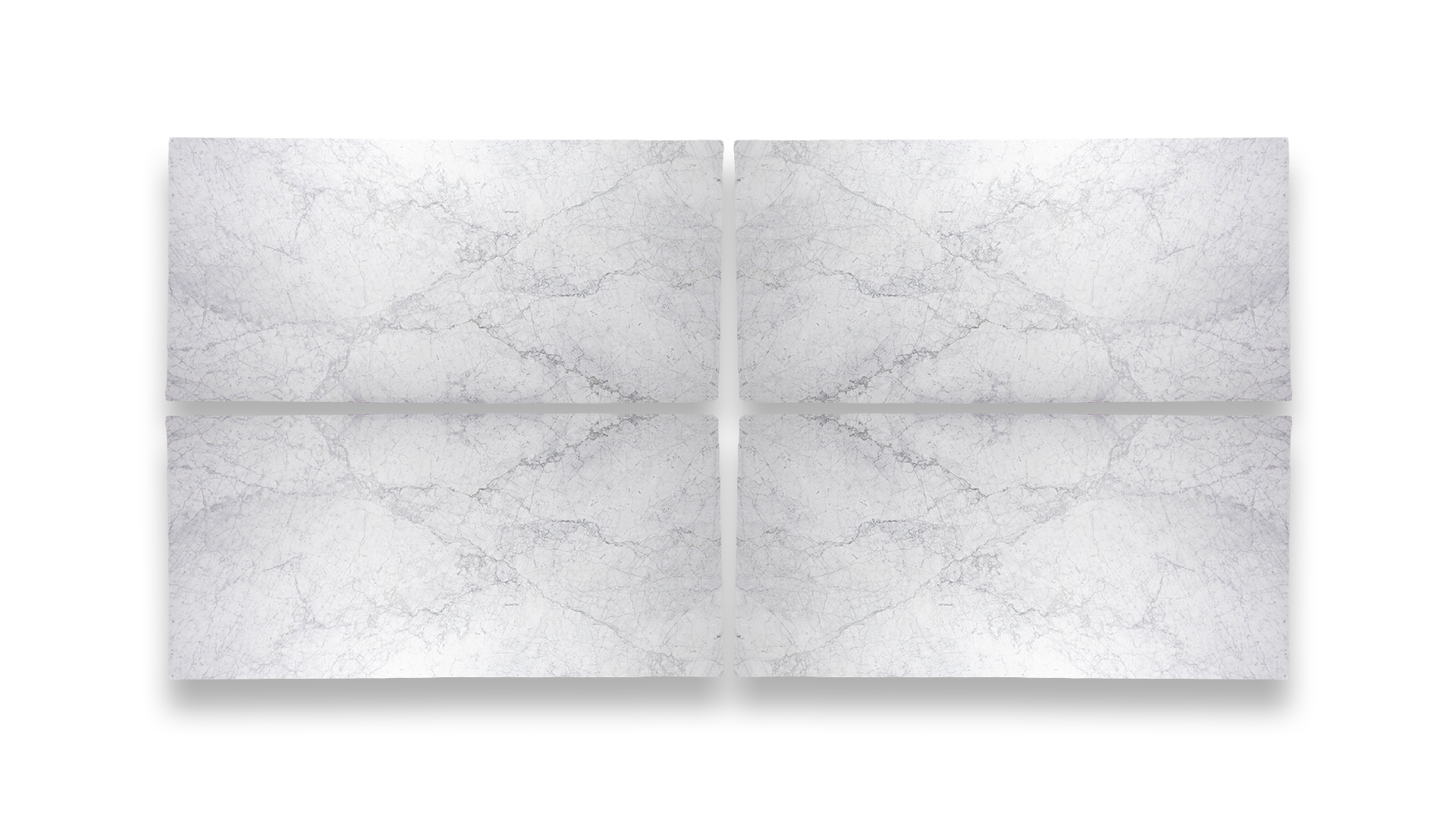 A quad arrangement of Bianco Carrara marble slabs, featuring a light gray background with delicate, intricate gray veining forming symmetrical patterns.