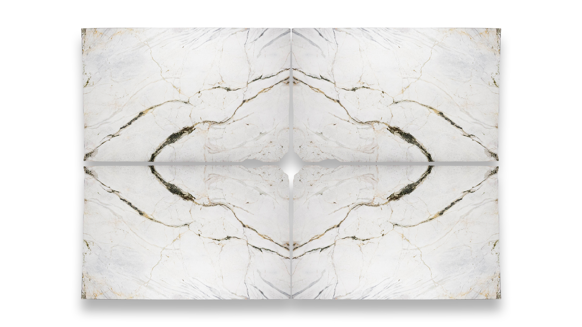 This image shows four Bianco Mervaglia polished marble slabs in a quad layout, featuring a white background with grey and gold veins.