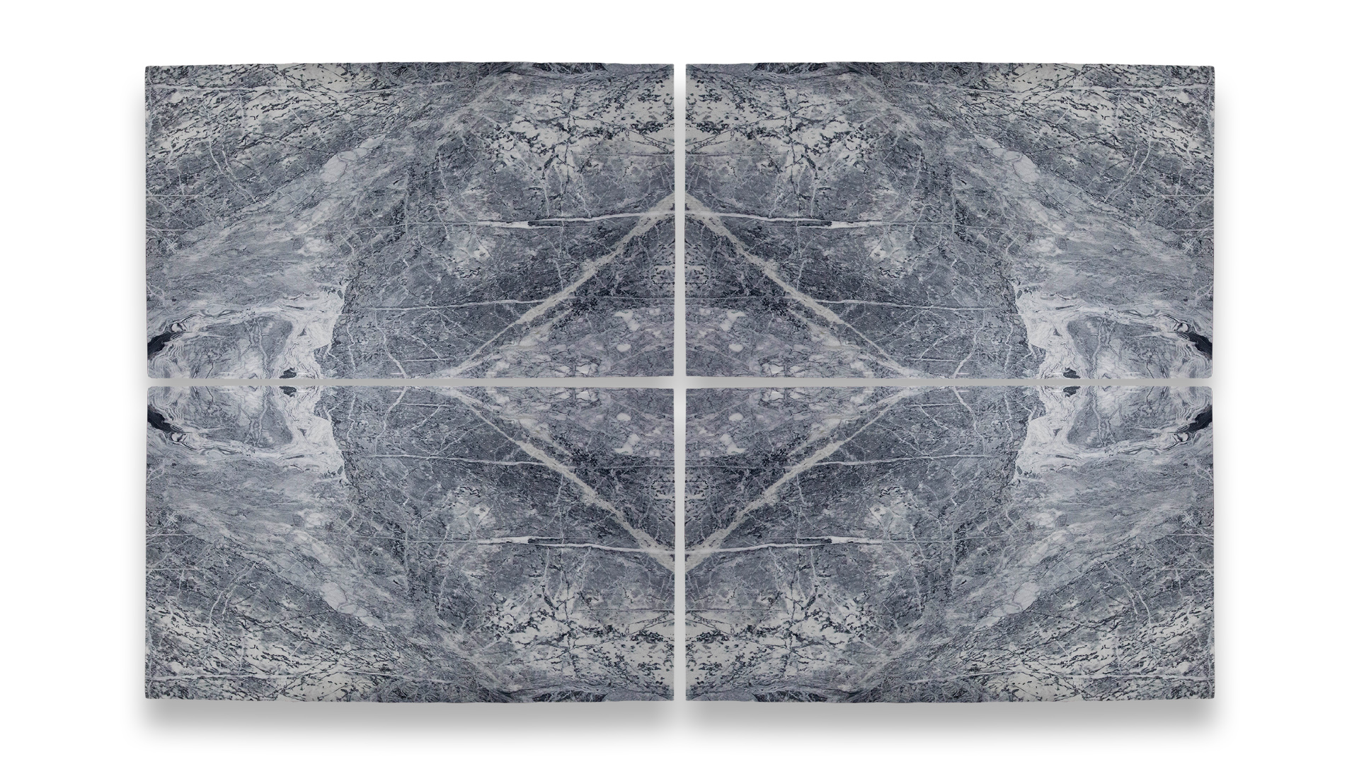 This image shows four Blue Marble Dual Finish Polished/Honed marble slabs in a quad layout, featuring dark grey and white veins.