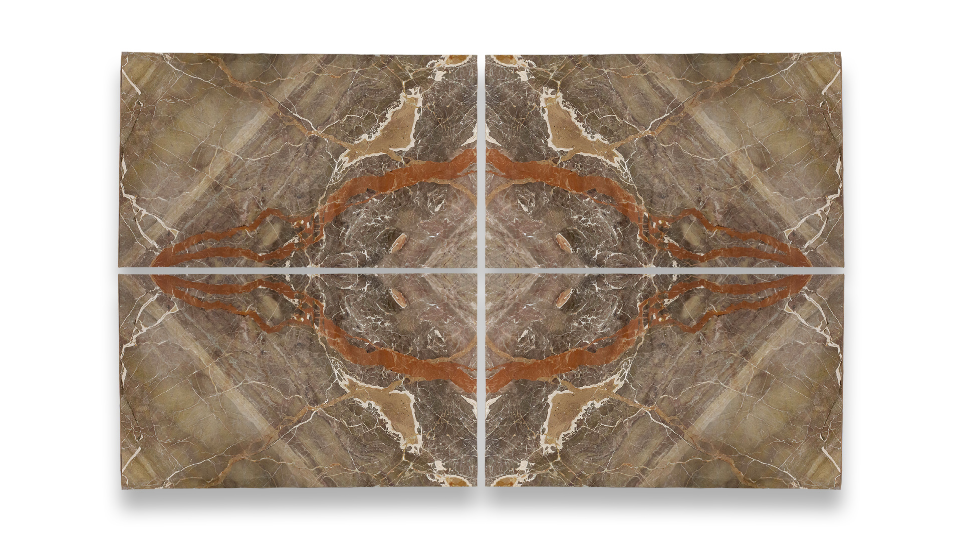 This image features four Breccia Extra Polished marble slabs arranged in a quad layout, showcasing earthy tones with bold orange and brown veining patterns.