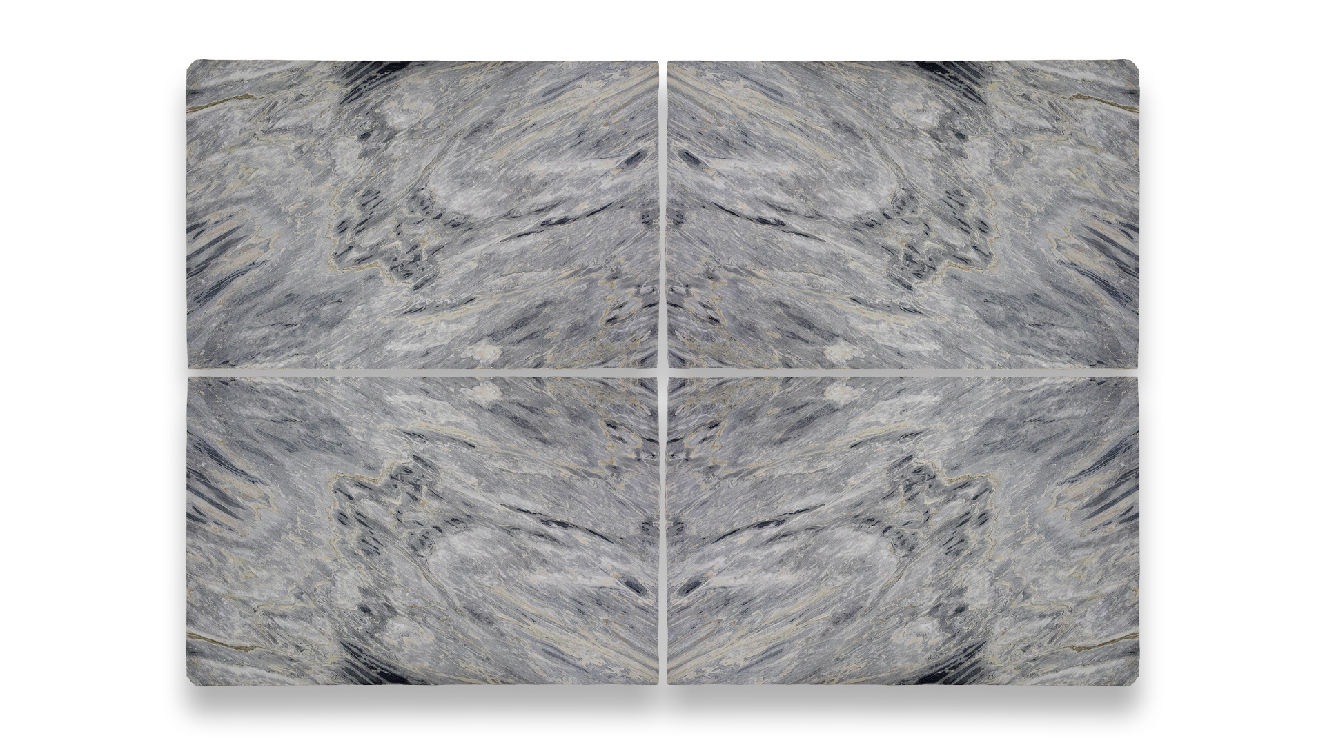 This image displays four Calacatta Bluette Honed marble slabs arranged in a quad layout, showcasing a bluish-gray base with intricate veining and patterns.