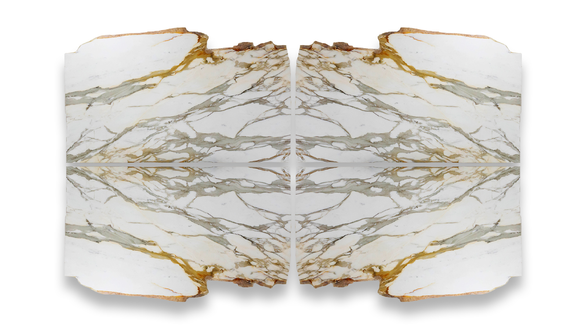 This image shows four Calacatta Borghini Polished marble slabs in a quad layout, with white background and gold-grey veining, symmetrically mirrored.