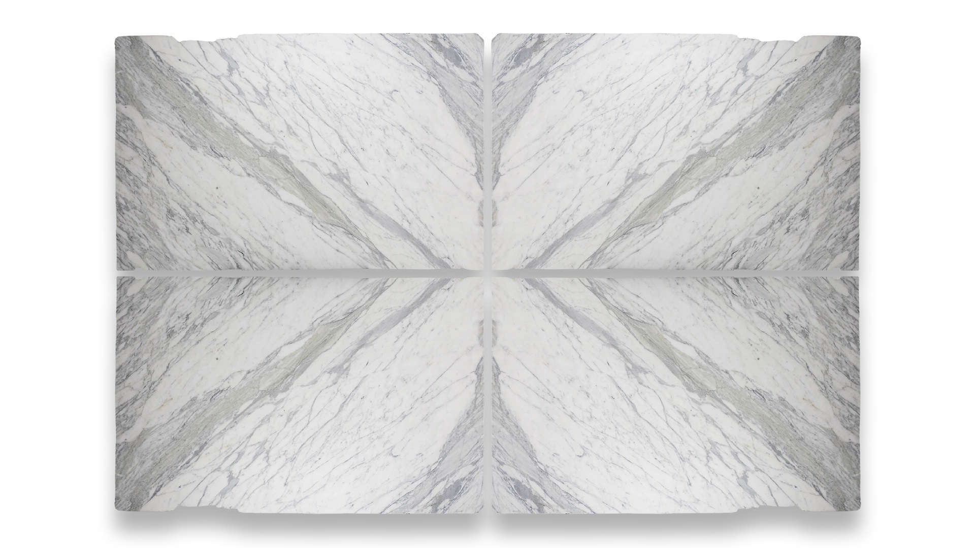 This image displays four Calacatta Carrara Polished marble slabs arranged in a quad layout, featuring white background with elegant grey veining patterns forming a symmetrical design.