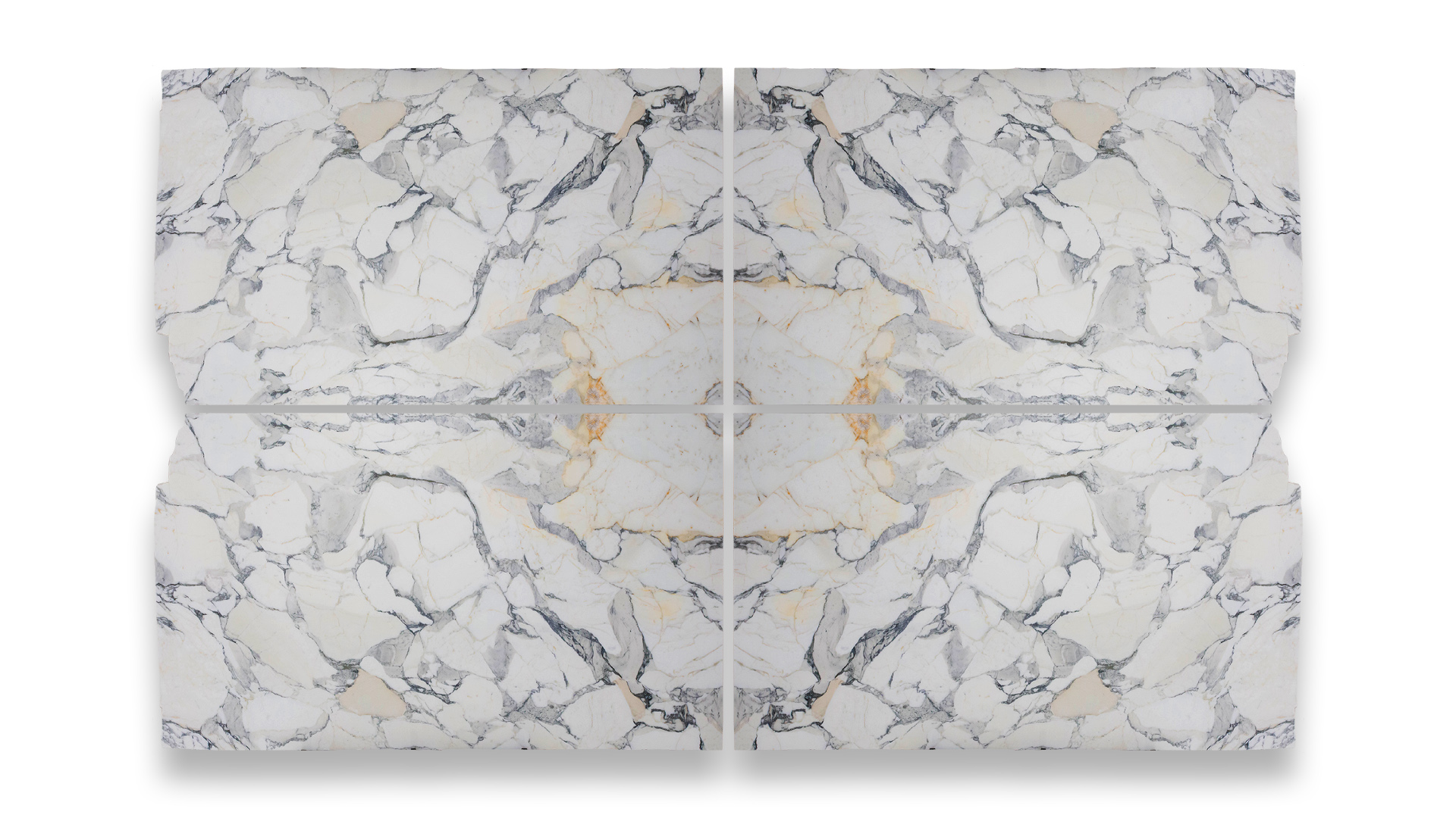 This image shows four polished Calacatta Corchia Extra marble tiles arranged in a quad layout, featuring a white base with intricate gray and gold veining.