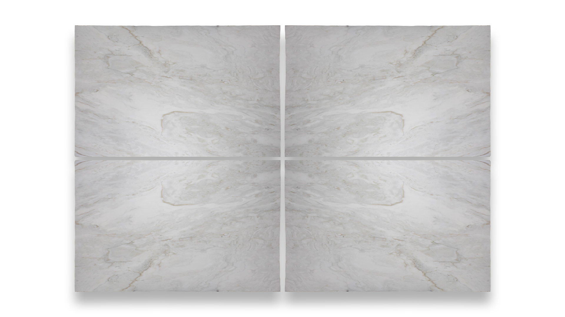 A set of four Calacatta Cremo marble slabs arranged in a quad pattern, showcasing a white background with light gray and beige veining.