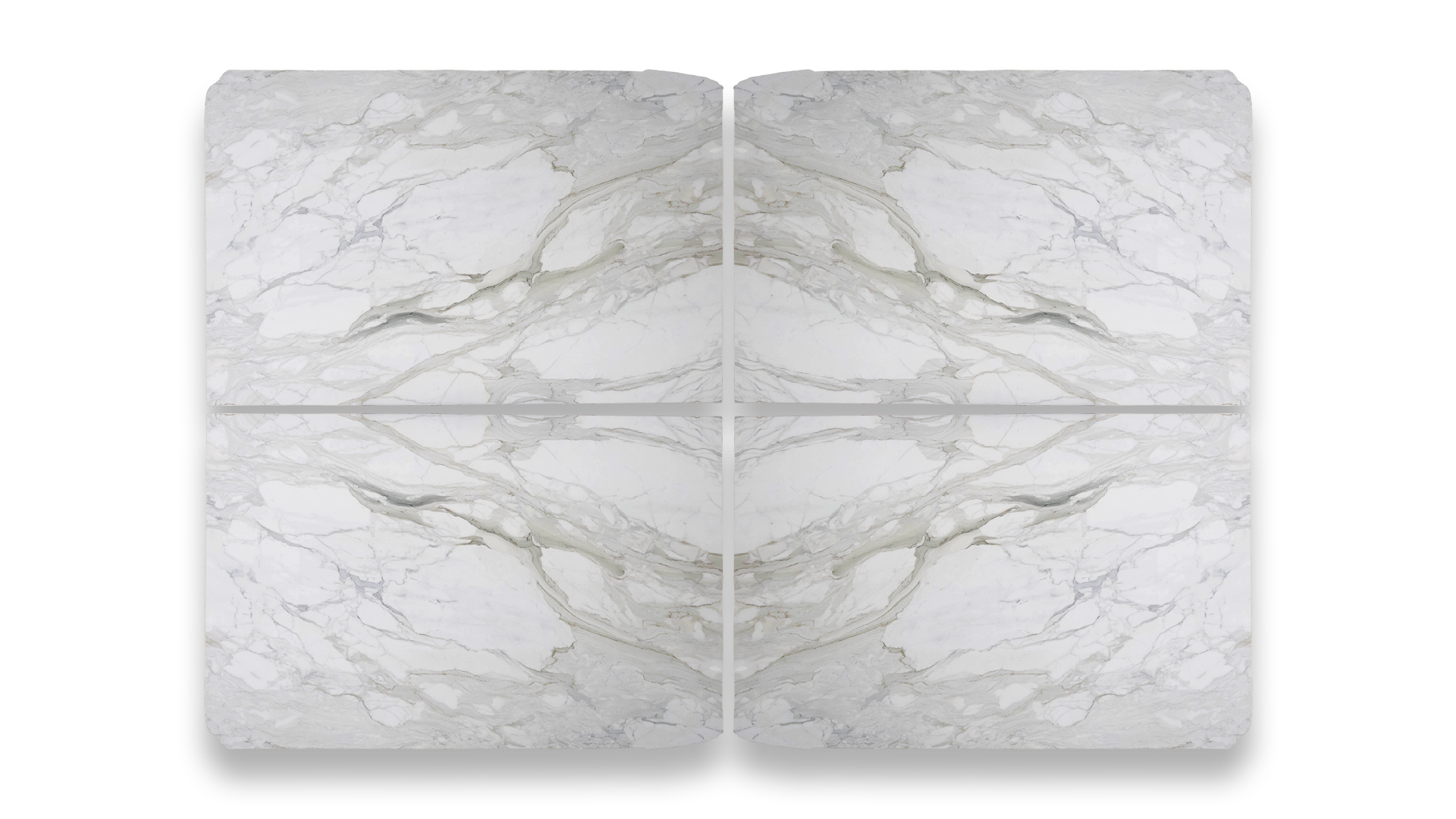 This image shows a quad layout of Calacatta Gold polished marble with a white background and intricate gray and gold veining, symmetrically mirrored.