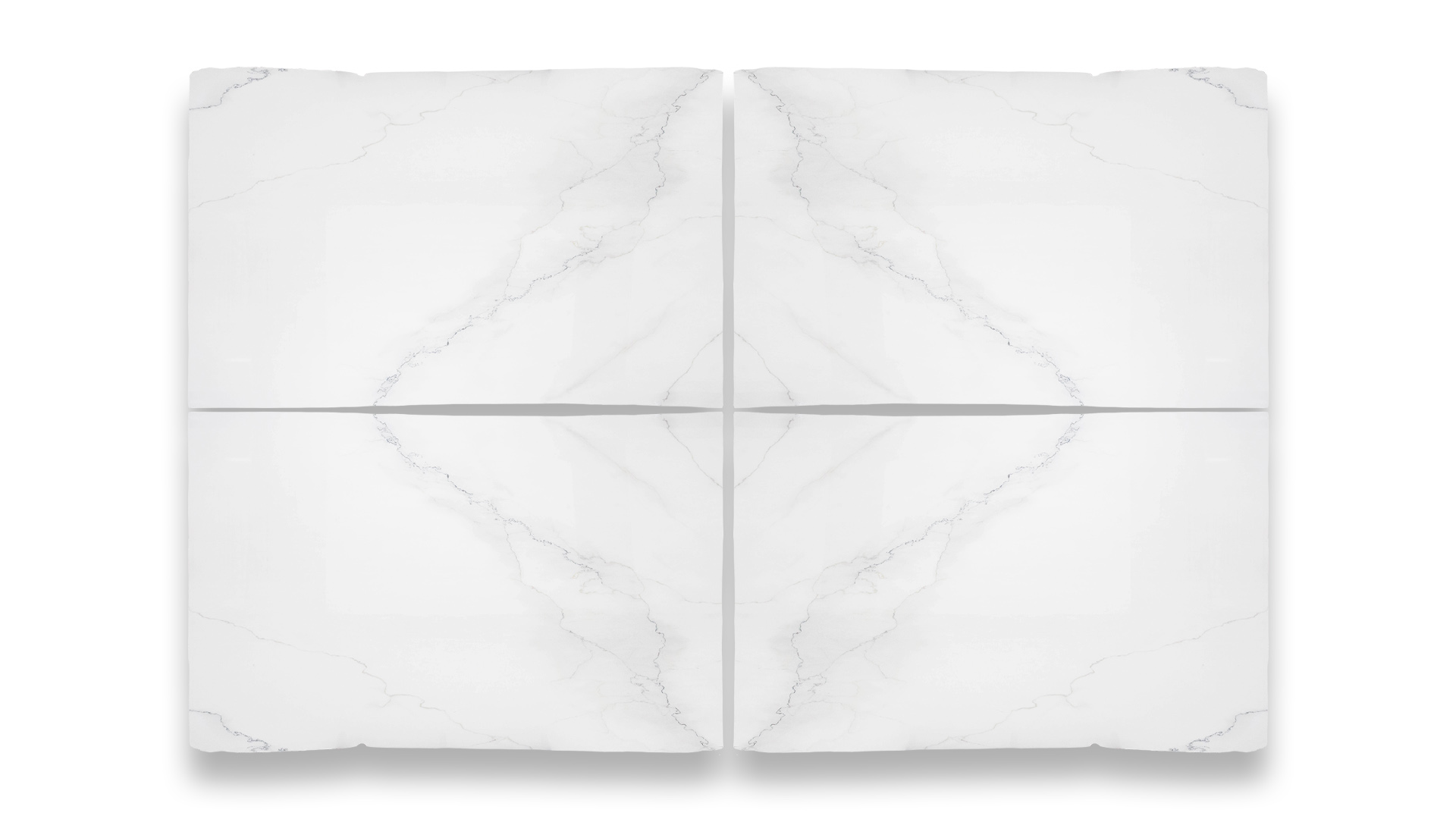 This image shows a quad layout of Calacatta Lincoln polished marble, featuring a white background with subtle gray veining, symmetrically mirrored.