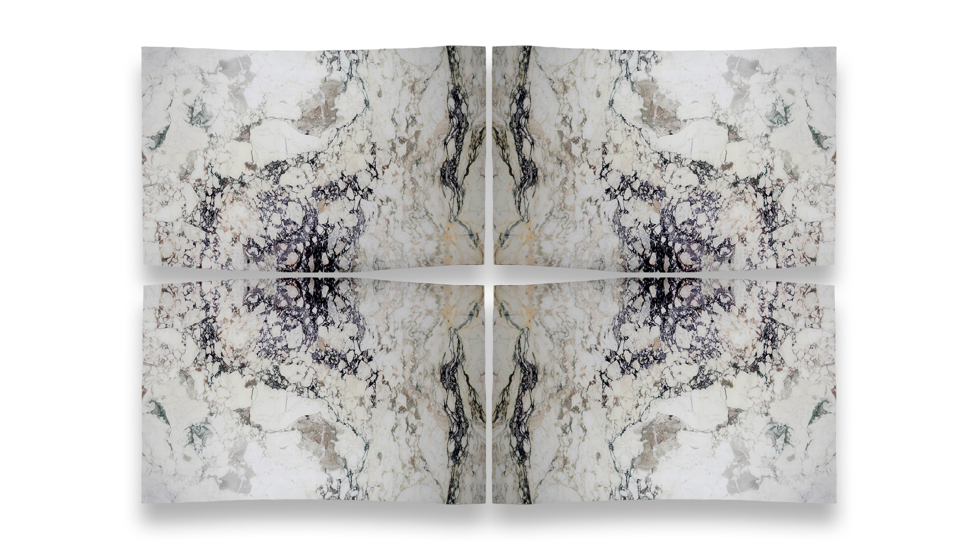 This image shows a quad layout of Calacatta Monet honed marble with a white background and prominent black, beige, and gray veining, mirrored symmetrically.