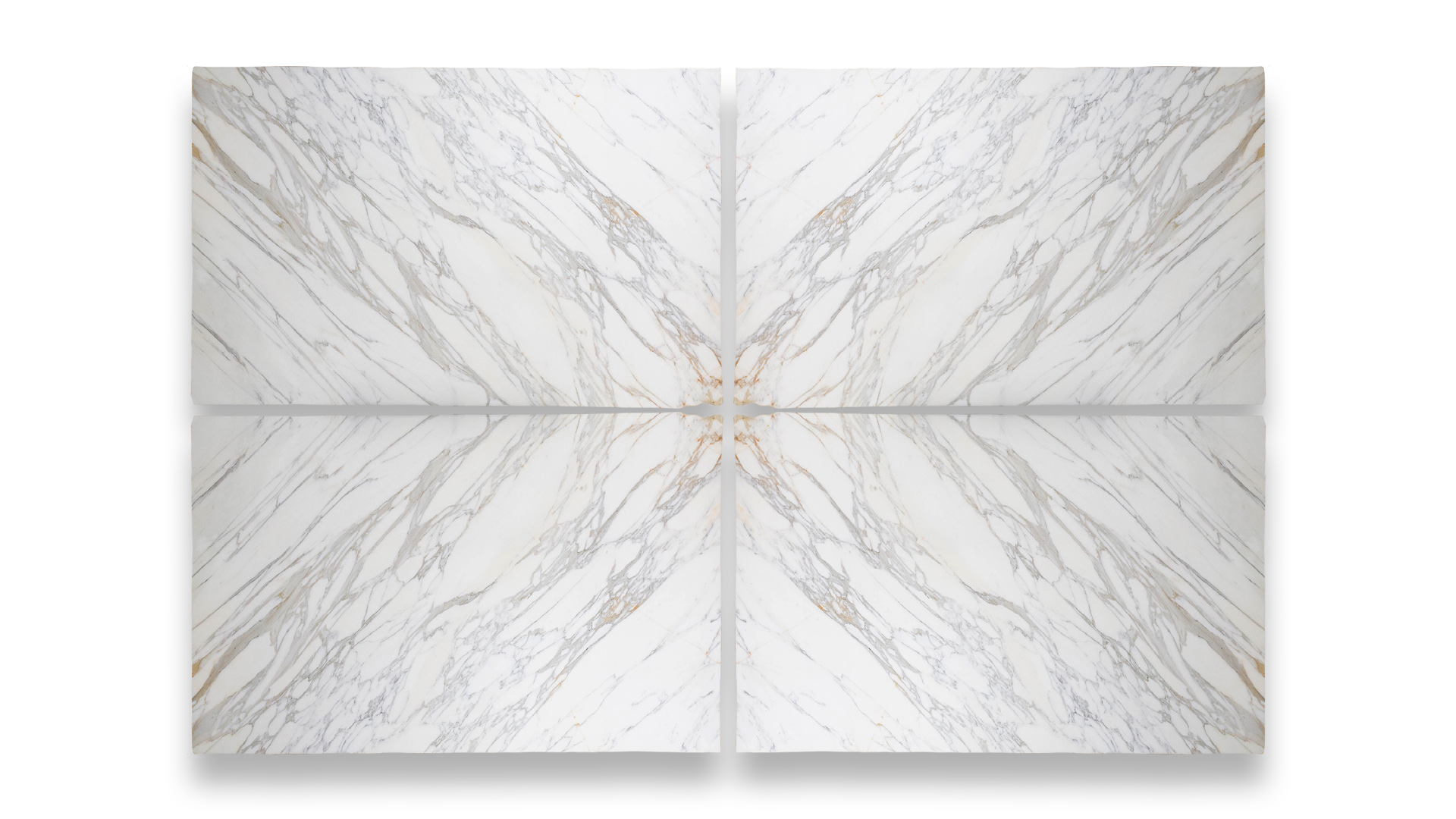 This image shows a quad layout of Calacatta polished marble with a white background and intricate gray and gold veining, mirrored symmetrically.