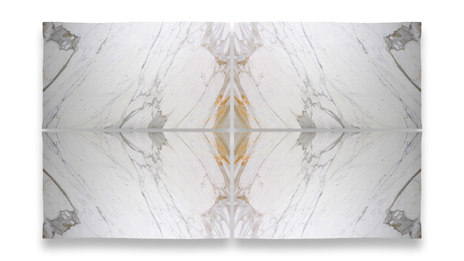 This image shows a quad layout of polished Calacatta Supreme marble, featuring white background with subtle gray and gold veining in a symmetrical pattern.