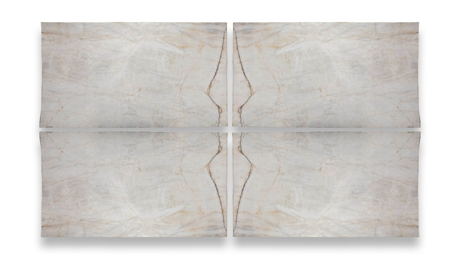 This image shows four Cristallo Extra Polished quartzite slabs in a quad layout, featuring a light surface with subtle beige and gold veining patterns.