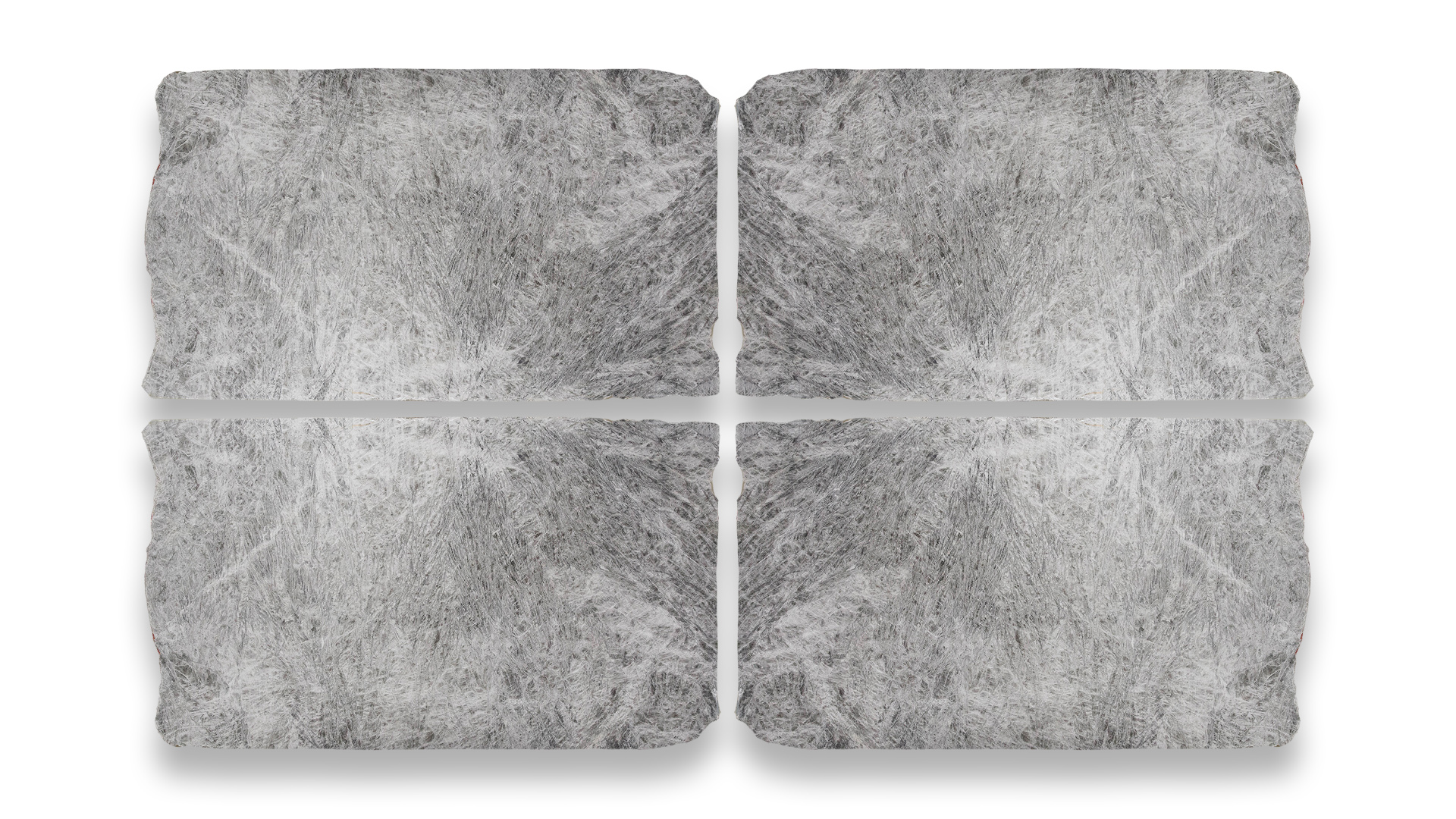 This image shows four Cristallo Smoke Polished quartzite slabs in a quad layout, featuring a complex pattern of interwoven gray and white streaks.