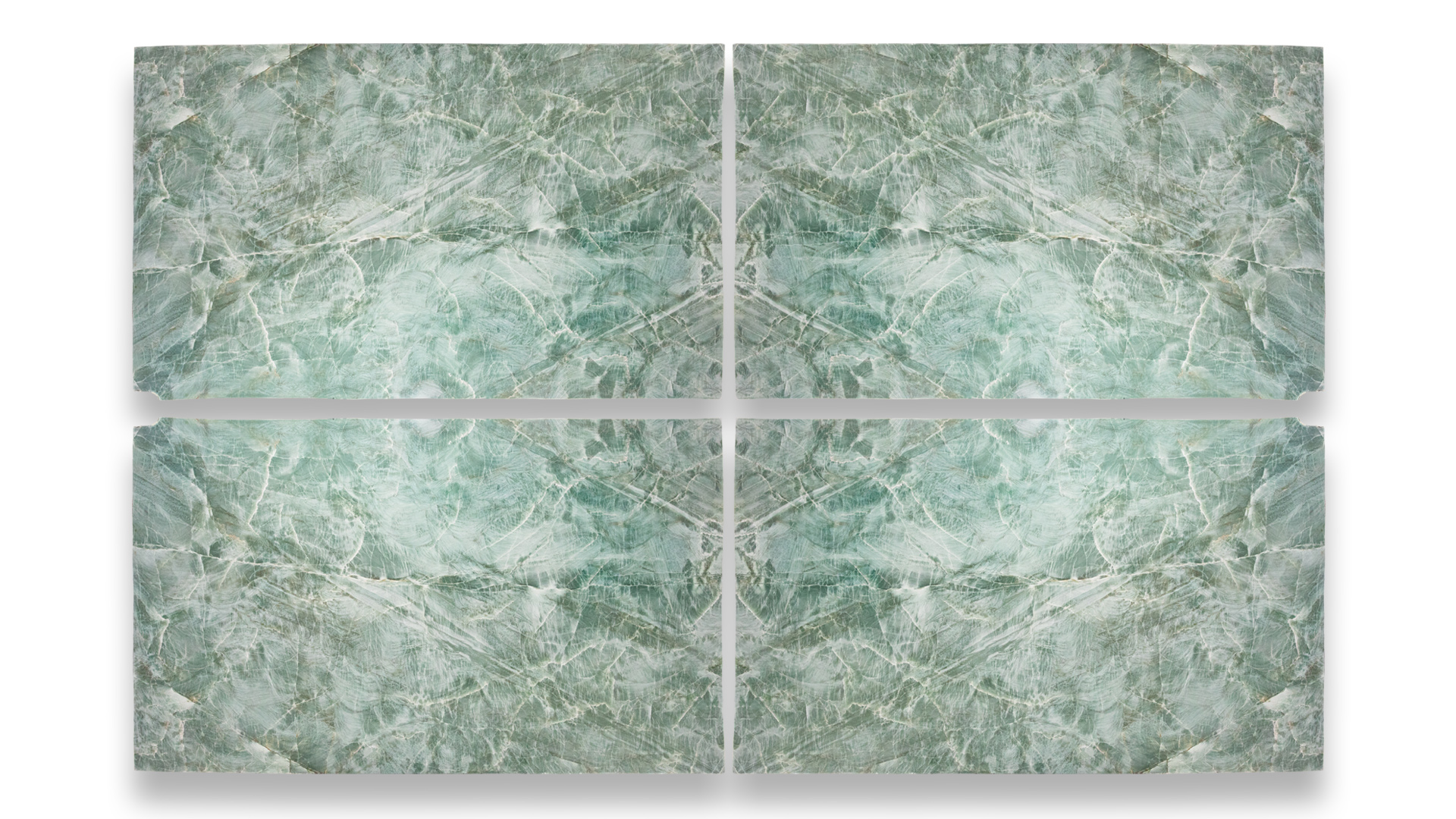 Four slabs of emerald green quartzite with intricate patterns and veining, displayed in a quad arrangement on a white background.