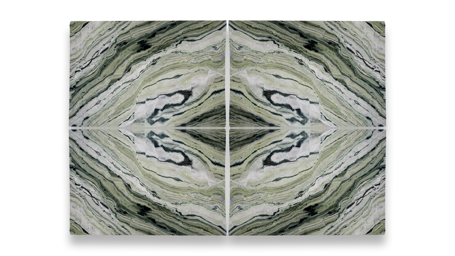 This image displays a symmetrical marble pattern in a quad layout, featuring green and white tones with fluid, wave-like veining throughout.