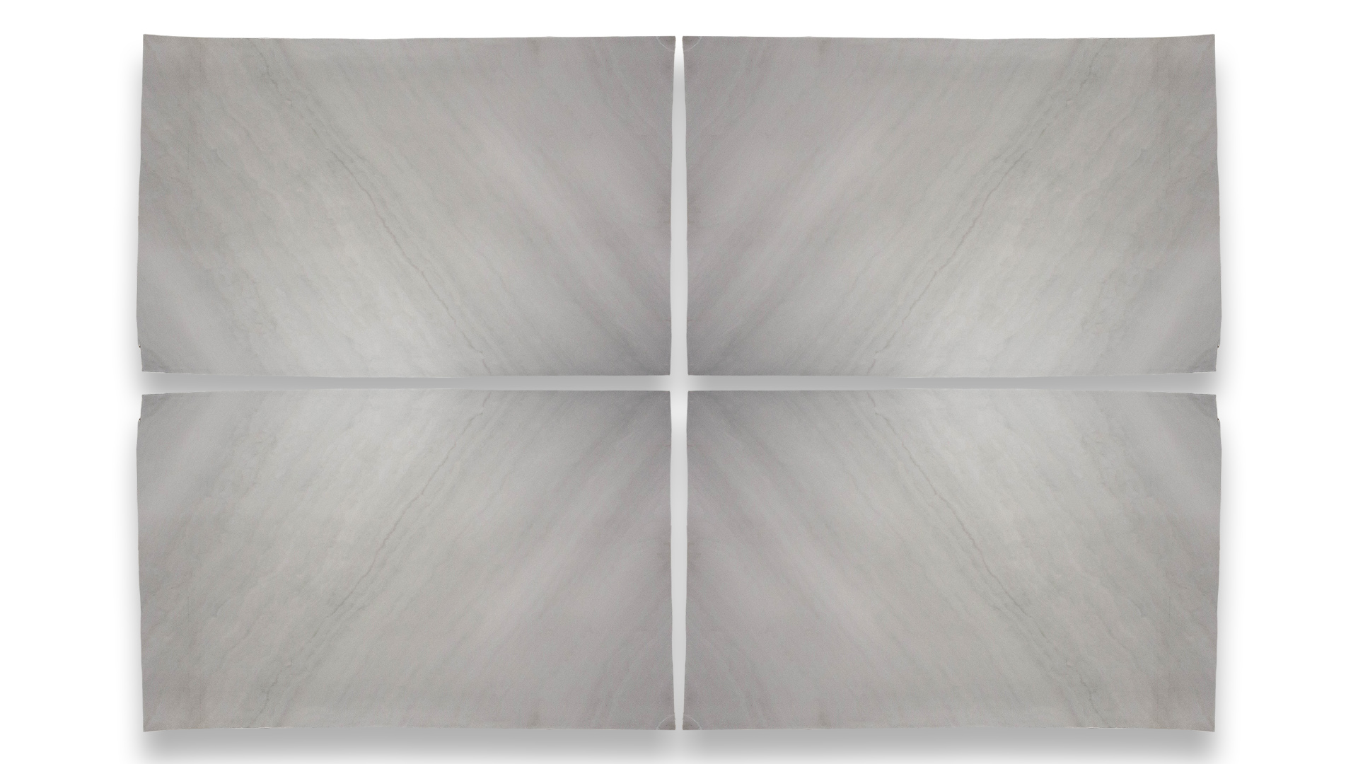 This image shows four Grey Colossus Honed quartzite slabs in a quad layout, featuring a smooth, light gray surface with subtle diagonal striations.