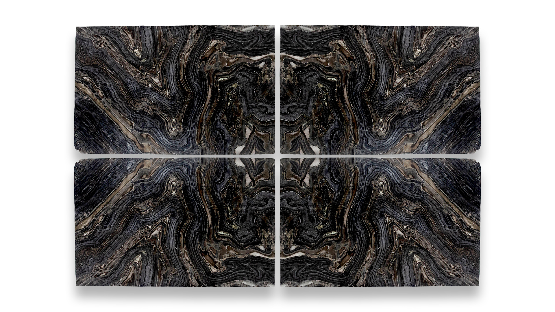 This image displays a symmetrical marble pattern in a quad layout, featuring dark black and brown tones with intricate, swirling veining.