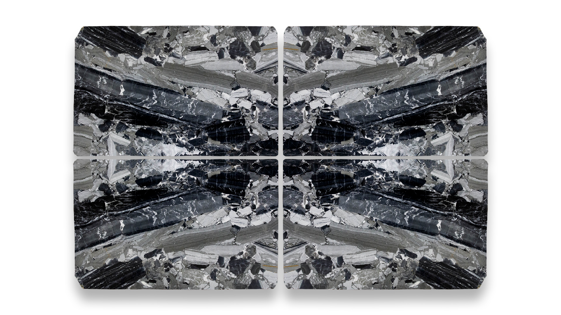 This image displays a symmetrical marble pattern in a quad layout, featuring a mix of dark grey, black, and silver tones with a bold, fragmented texture.