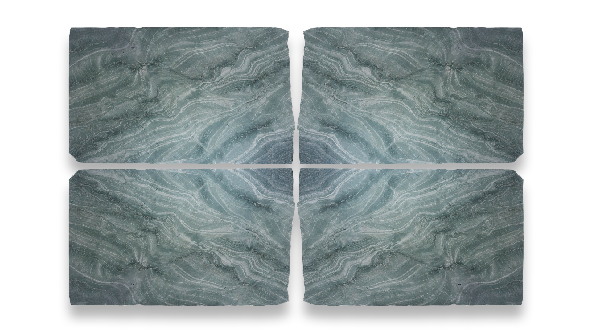 This image shows four slabs of stone in a quad layout, featuring wavy patterns and textures in shades of blue-gray, creating a flowing, aquatic appearance.