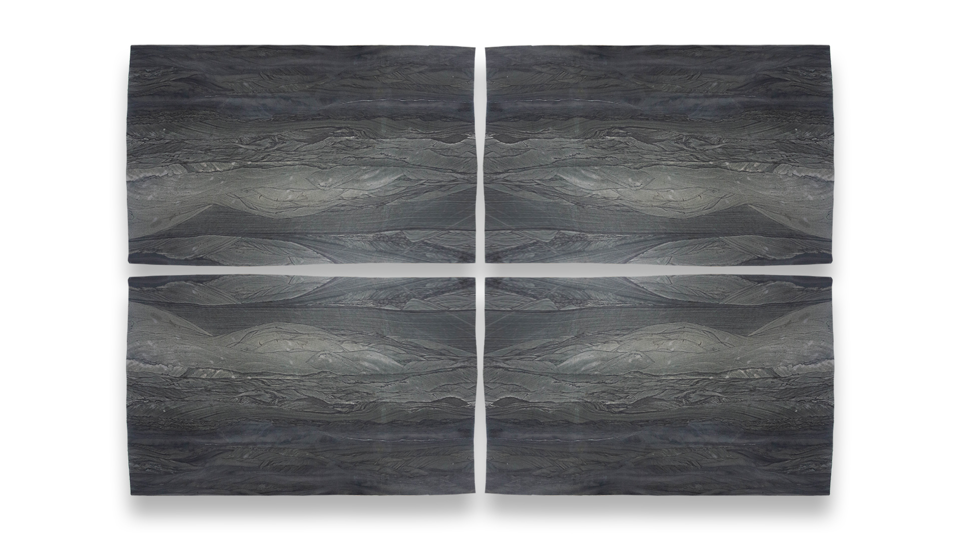 This image shows four Lake Loch Ness leathered quartzite slabs in a quad layout, featuring dark, textured surfaces with prominent horizontal striations and intricate veining.