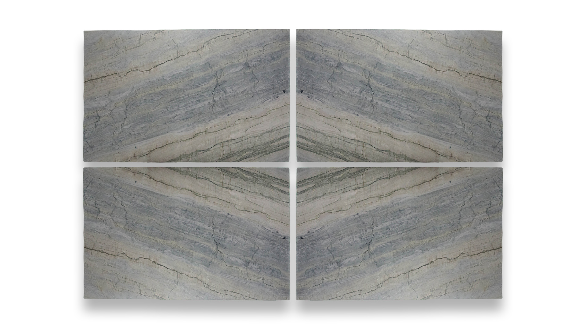 This image shows four Leblon quartzite slabs in a quad layout, featuring a predominantly gray surface with subtle horizontal veining and slight color variations.