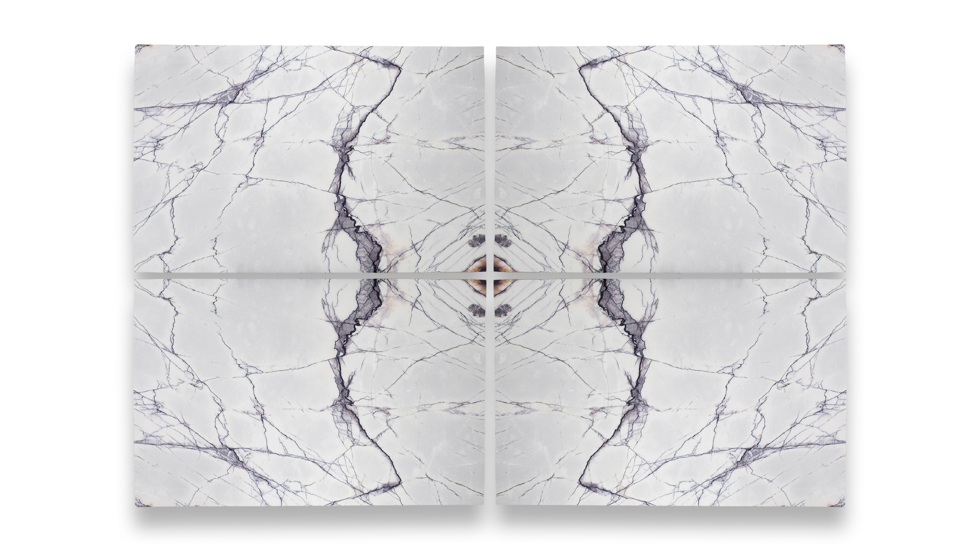 This image displays a symmetrical marble pattern in a quad layout, featuring light grey tones with bold, intricate purple and grey veining.