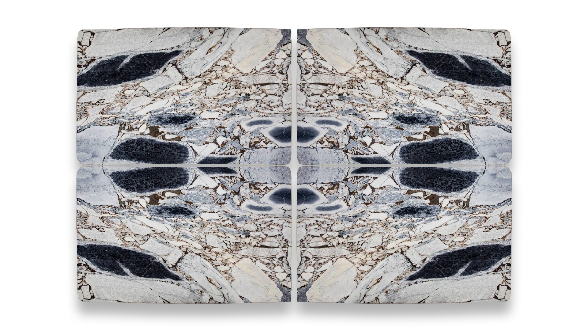 This image displays a symmetrical marble pattern in a quad layout, featuring a mix of white, grey, and black tones with a bold, textured appearance.