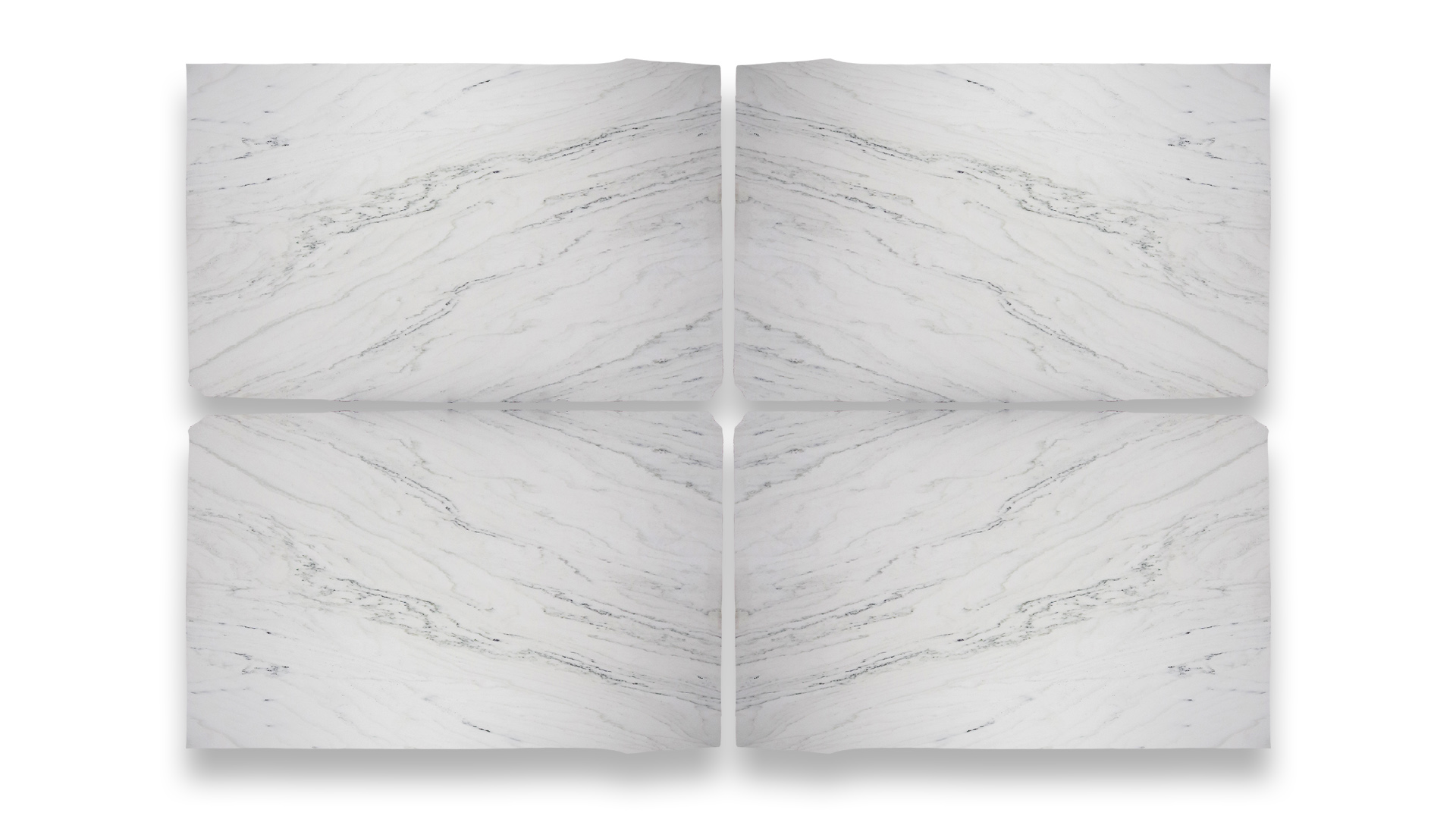 This image displays a symmetrical marble pattern in a quad layout, featuring white tones with fine, dark grey veining and subtle texture.