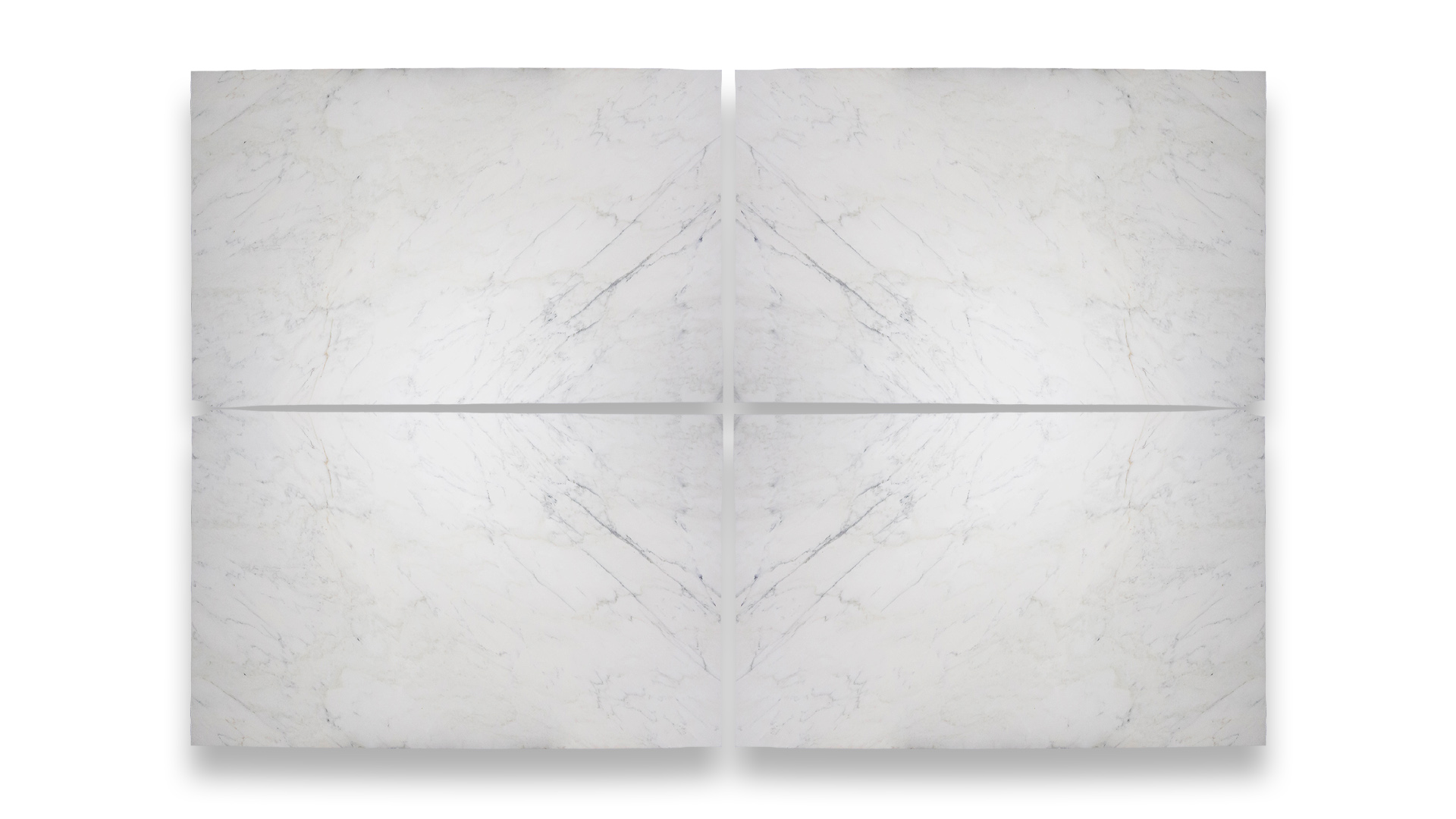 This image displays a symmetrical marble pattern in a quad layout, featuring white tones with subtle, delicate grey veining.