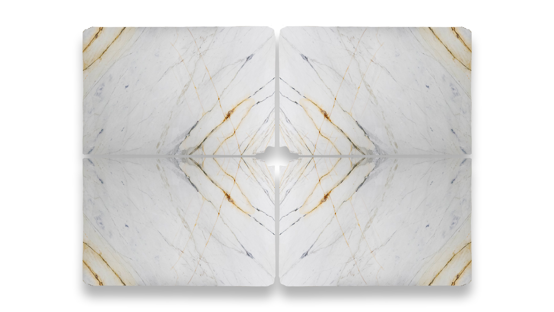 This image displays a symmetrical marble pattern in a quad layout, featuring white tones with bold, golden and grey veining.