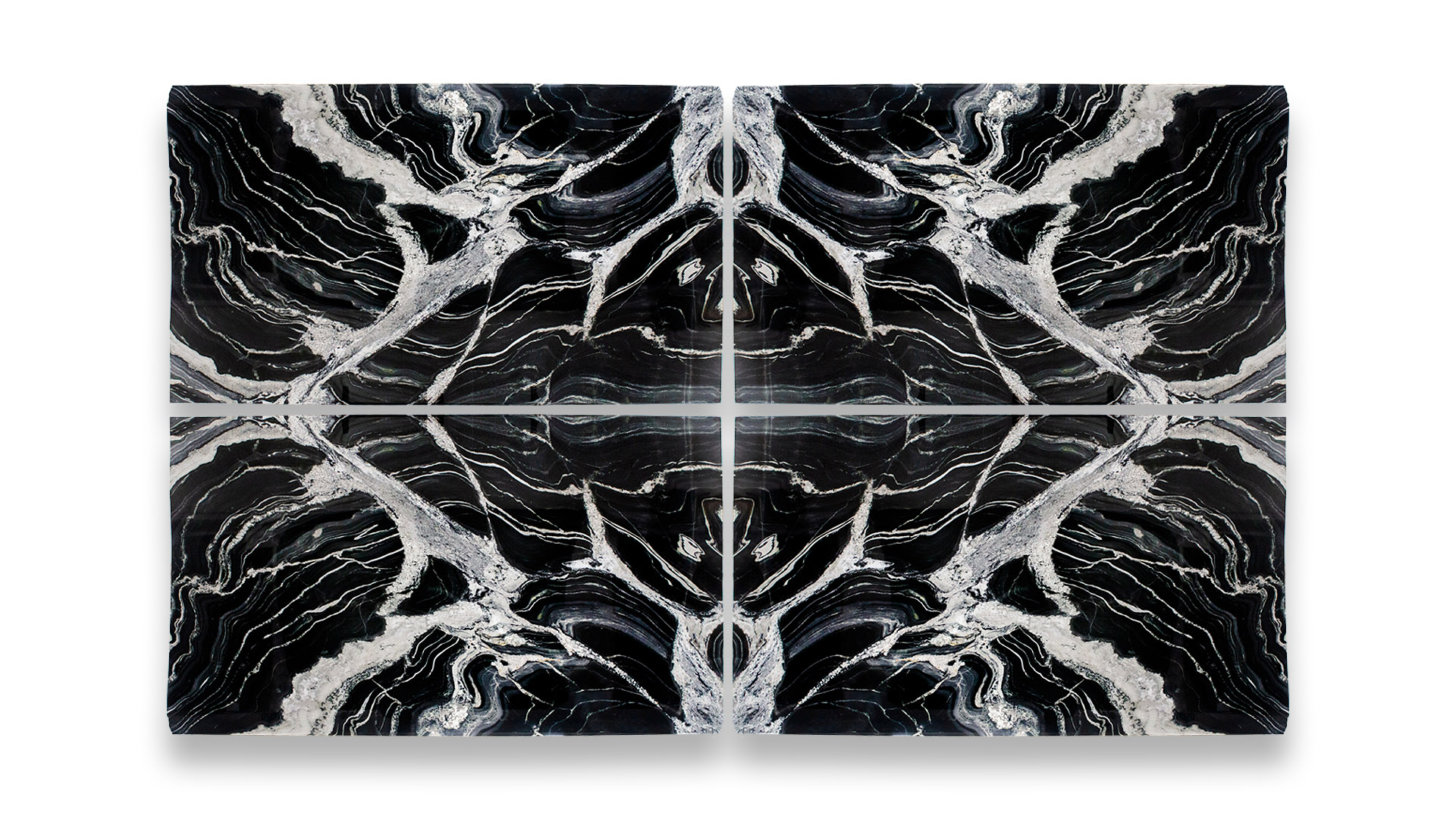 A quad set of polished Eclipse marble slabs with a dramatic pattern featuring black and white swirls, creating a visually striking and symmetrical design.