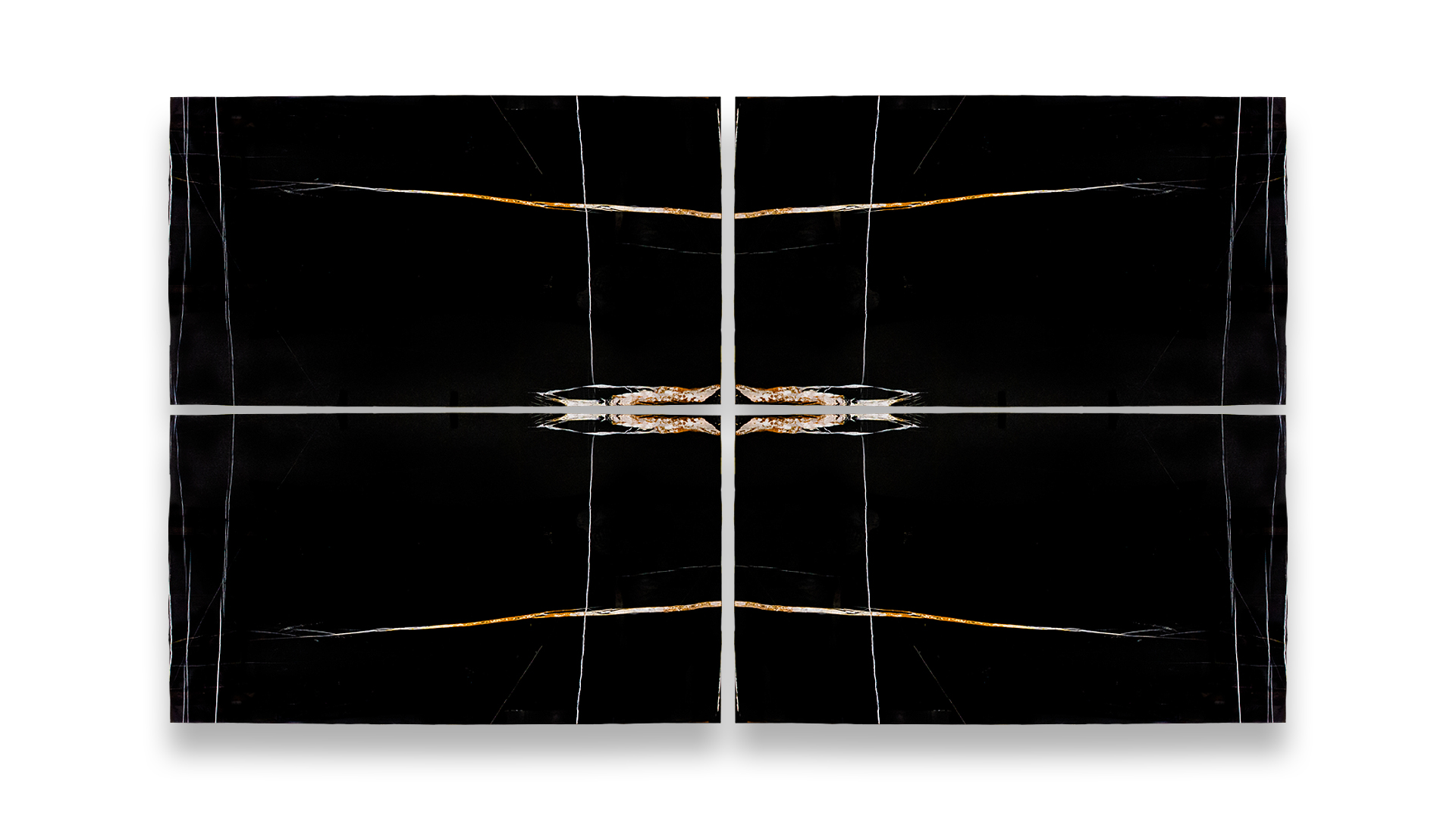 A set of four Sahara Noir marble slabs, arranged in a mirrored pattern, featuring a black background with striking white and gold veining.