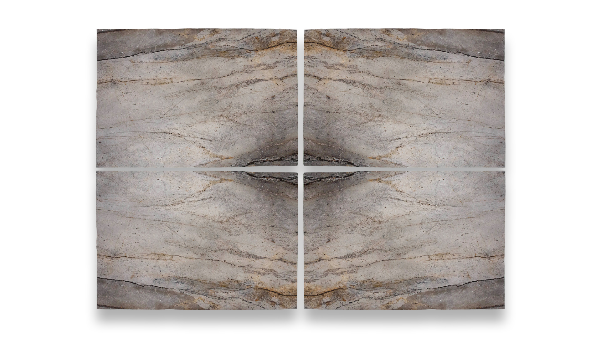 This image displays a symmetrical marble pattern in a quad layout, featuring earthy brown and grey tones with subtle, natural veining.