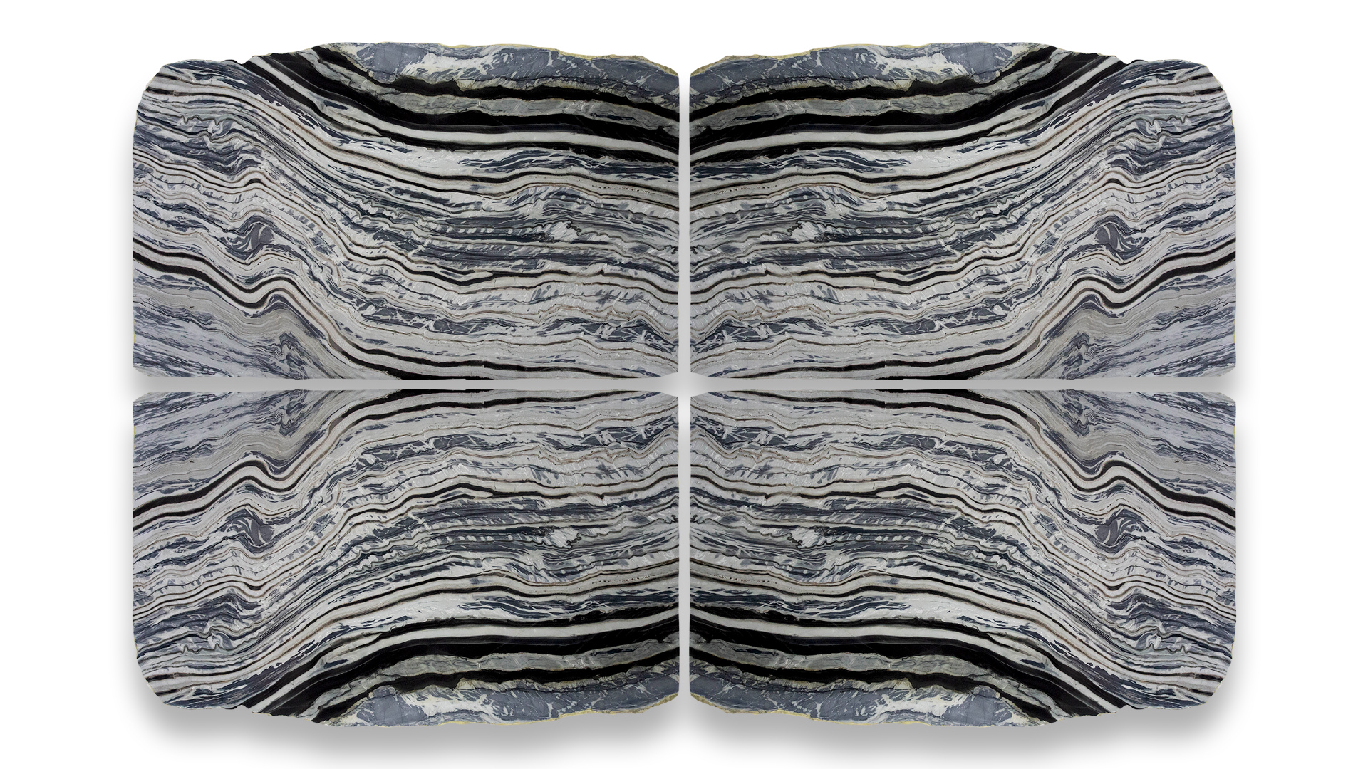 This image displays a symmetrical marble pattern in a quad layout, featuring dark and light grey tones with dramatic, wavy veining.