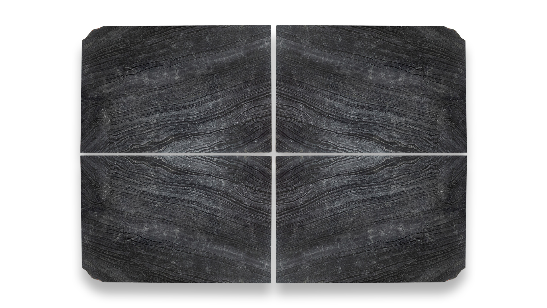 This image displays a symmetrical marble pattern in a quad layout, featuring dark grey tones with subtle, wave-like veining.